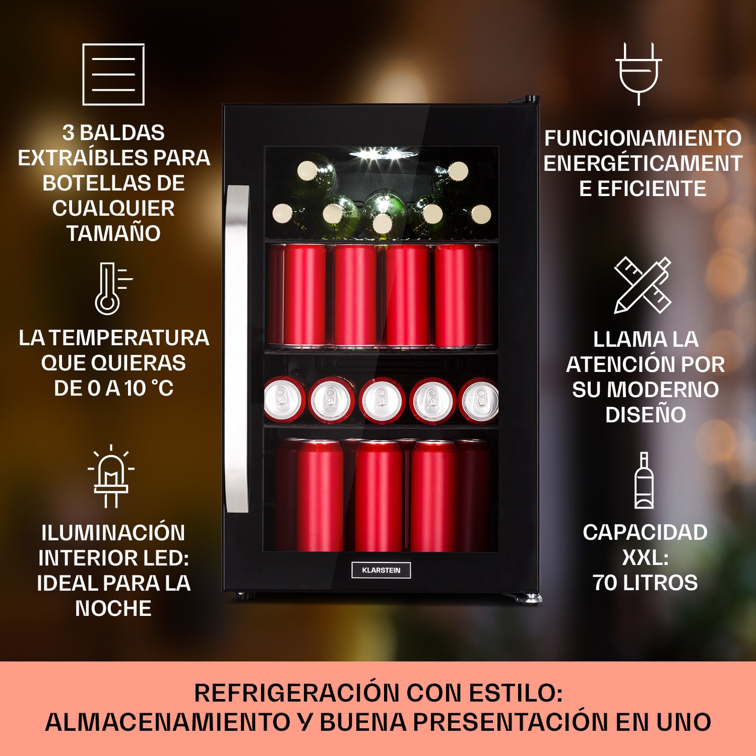 Nevera Beersafe 70 Craft Beer Edition 70 litros 3 estantes Puerta panorámica de cristal Acero inoxidable  70 L (Craft Beer Edition) | Negro