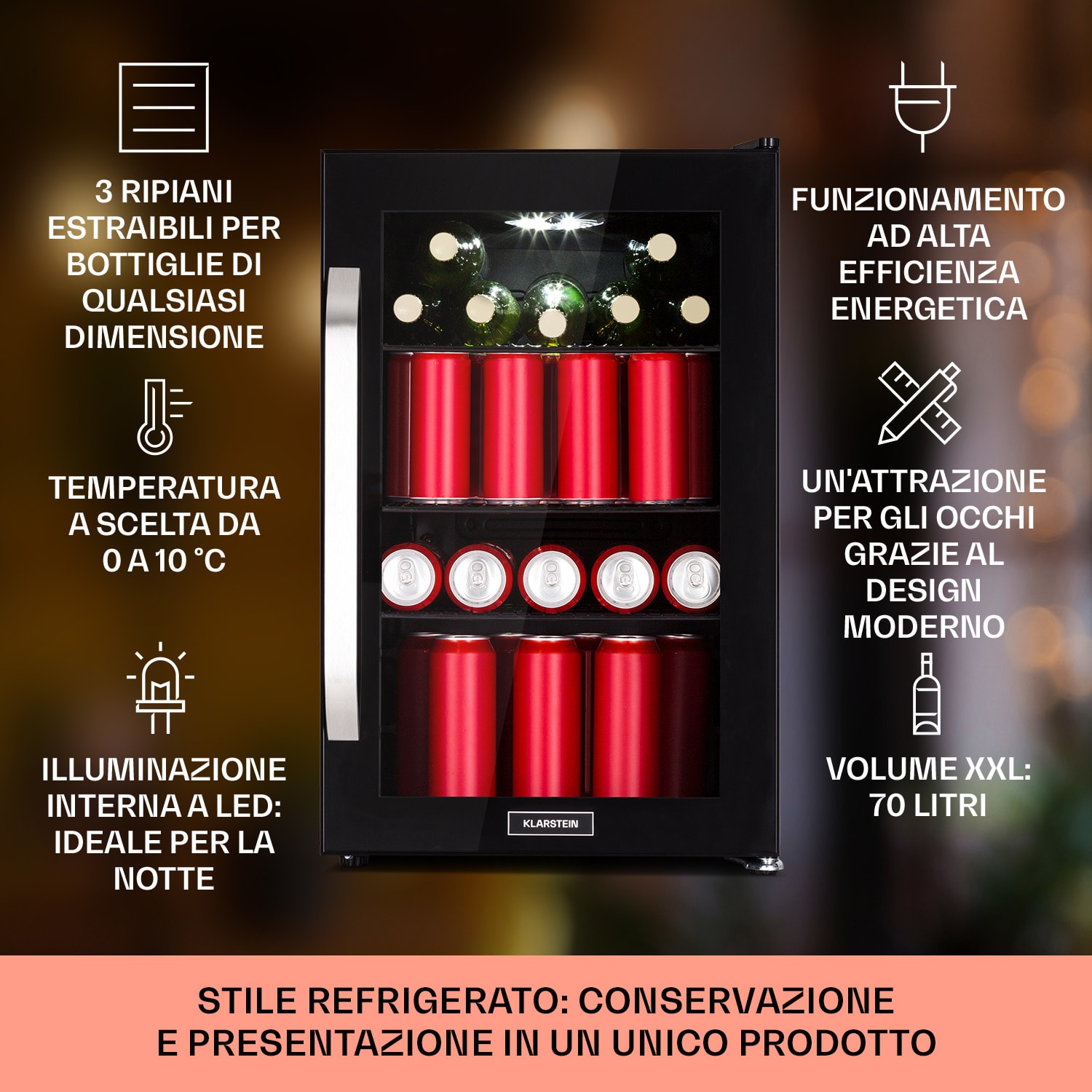 Beersafe 70 Craft Beer Edition - Frigorifero, 70 litri, 3 ripiani, sportello panoramico in vetro, acciaio inox  70 Ltr (Craft Beer Edition) | Nero