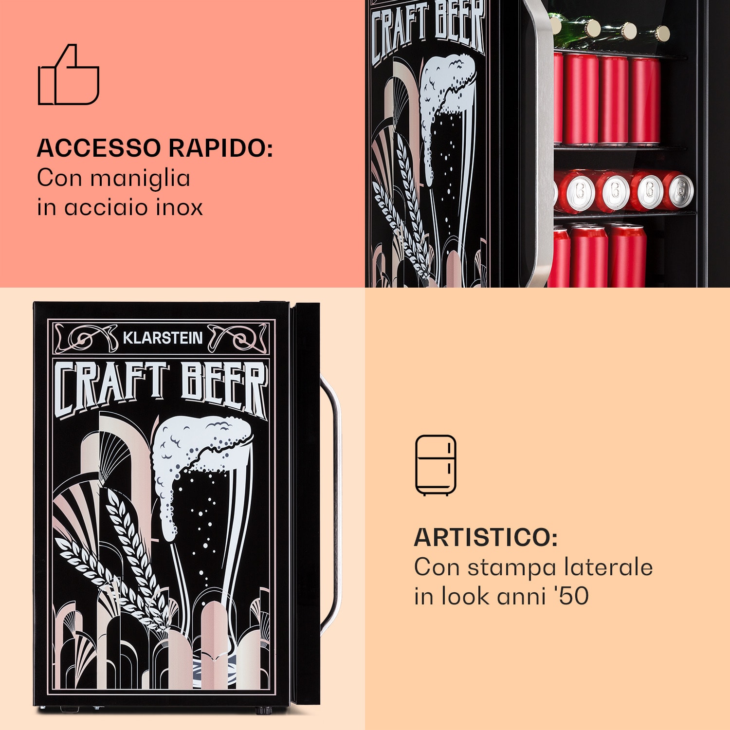 Beersafe 70 Craft Beer Edition - Frigorifero, 70 litri, 3 ripiani, sportello panoramico in vetro, acciaio inox  70 Ltr (Craft Beer Edition) | Nero