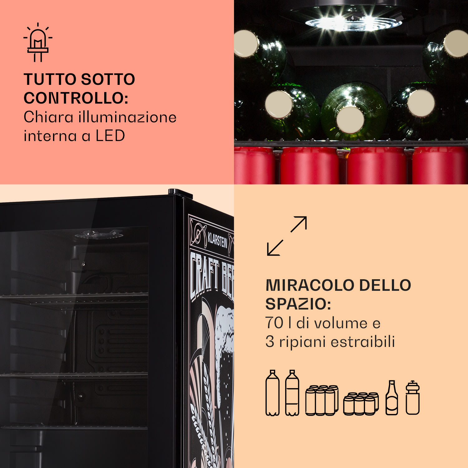 Beersafe 70 Craft Beer Edition - Frigorifero, 70 litri, 3 ripiani, sportello panoramico in vetro, acciaio inox  70 Ltr (Craft Beer Edition) | Nero