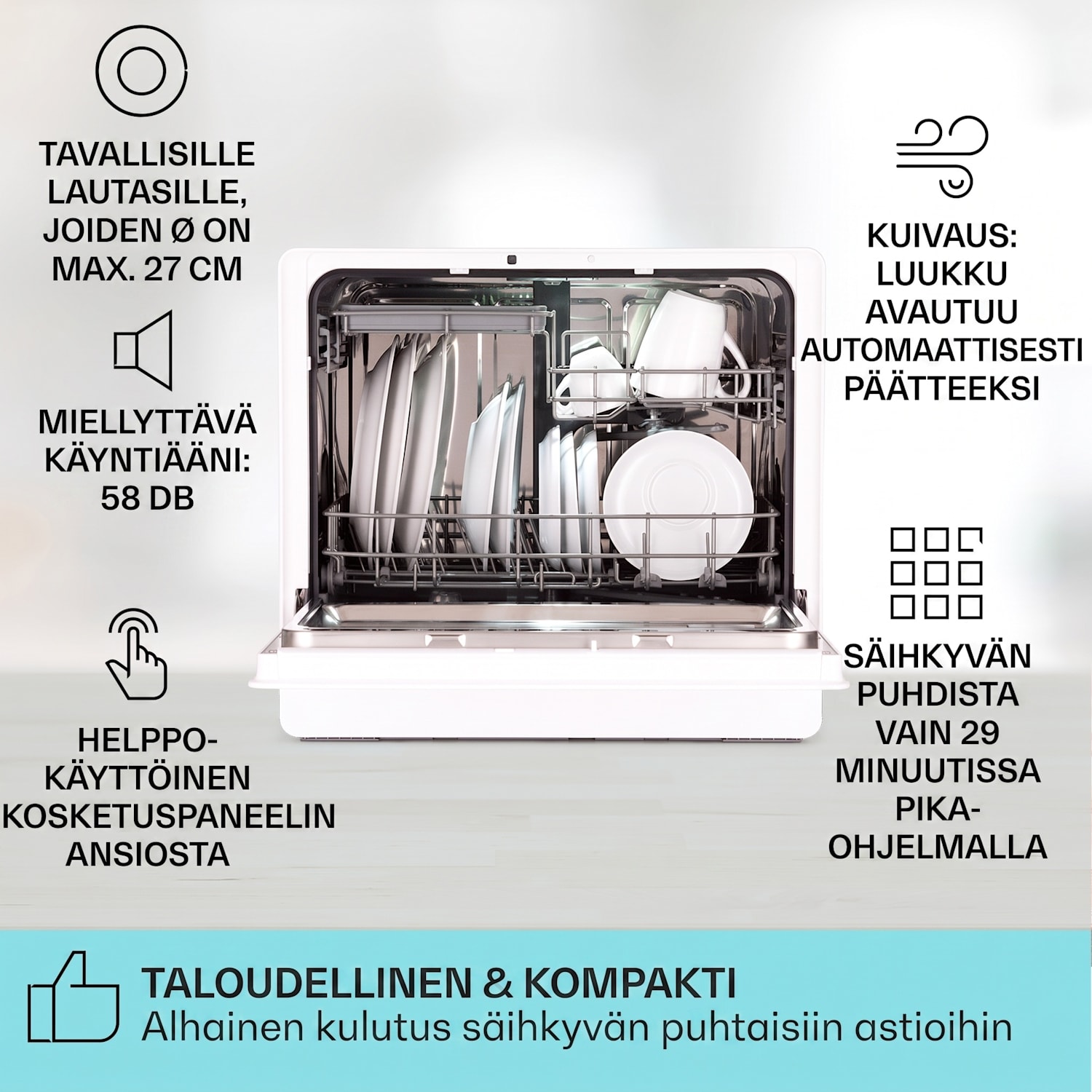 Emerald 5 Slim -astianpesukone vapaasti seisova 7 ohjelmaa kosketusohjaus 