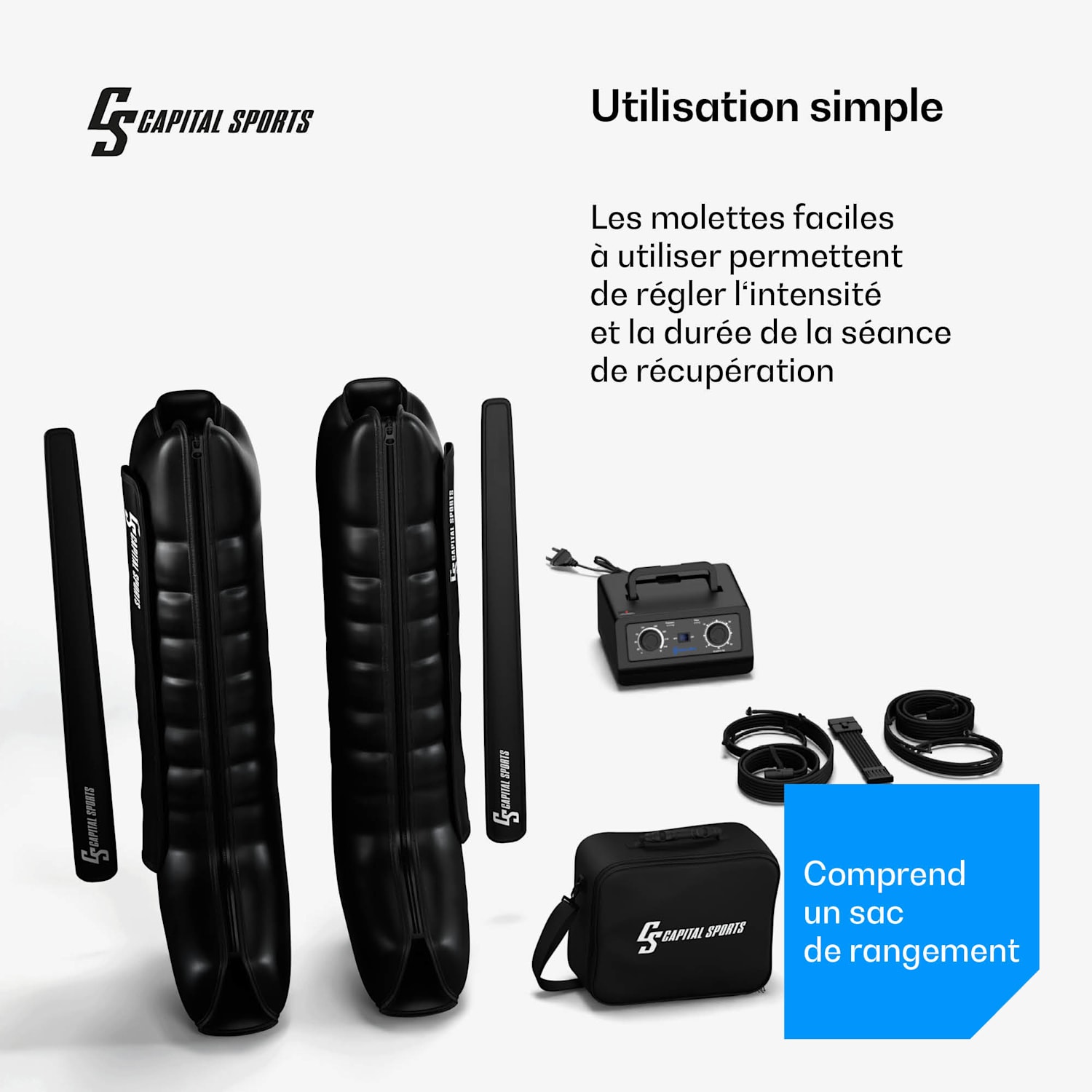 Brassard de compression à air Hyper Cap | 6 compartiments | compression douce à intensive | env. 55 dB jambe entière | Noir