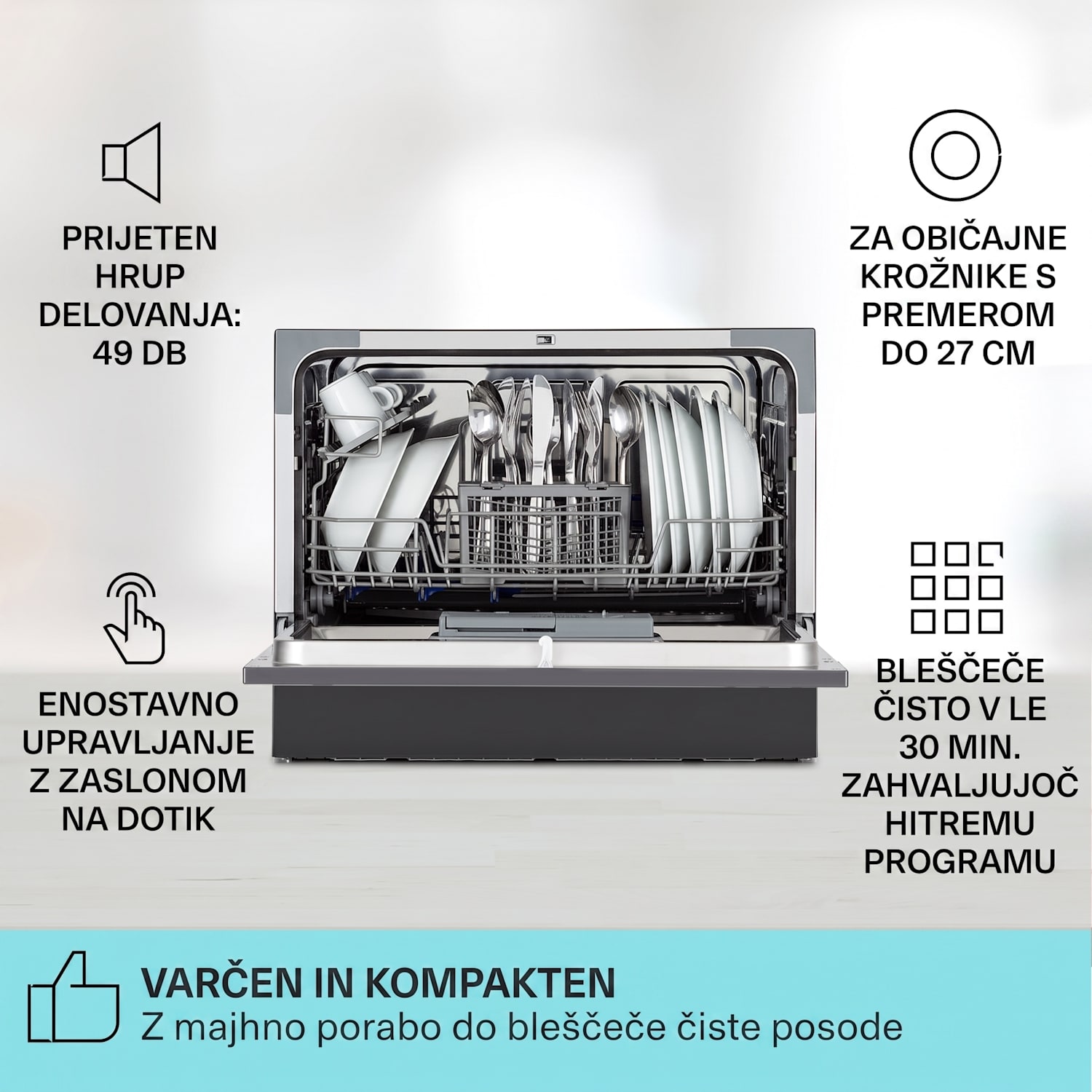Amazonia 6, pomivalni stroj, 1380 W, 6 pogrinjkov, upravljanje s pritiskom na gumb Antracit