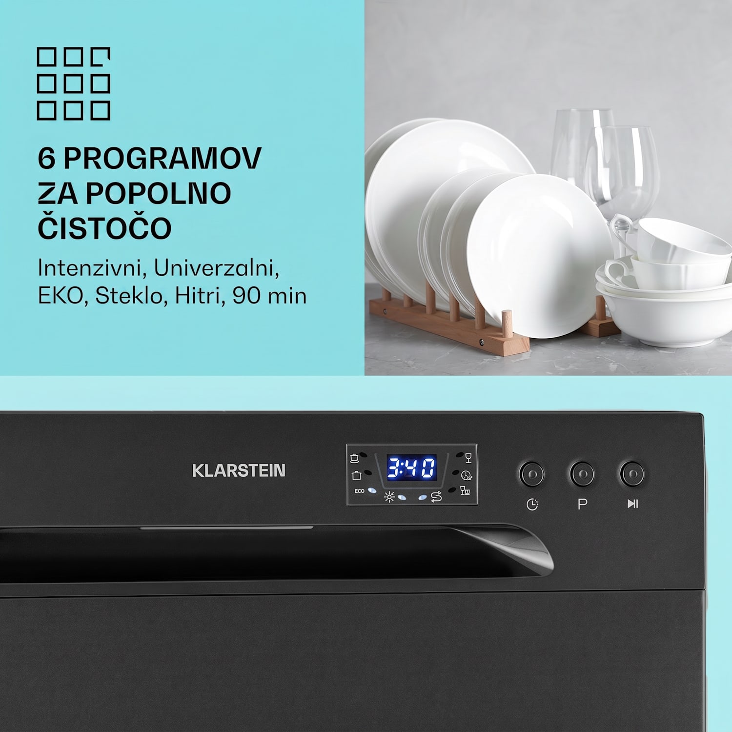 Amazonia 6, pomivalni stroj, 1380 W, 6 pogrinjkov, upravljanje s pritiskom na gumb Antracit