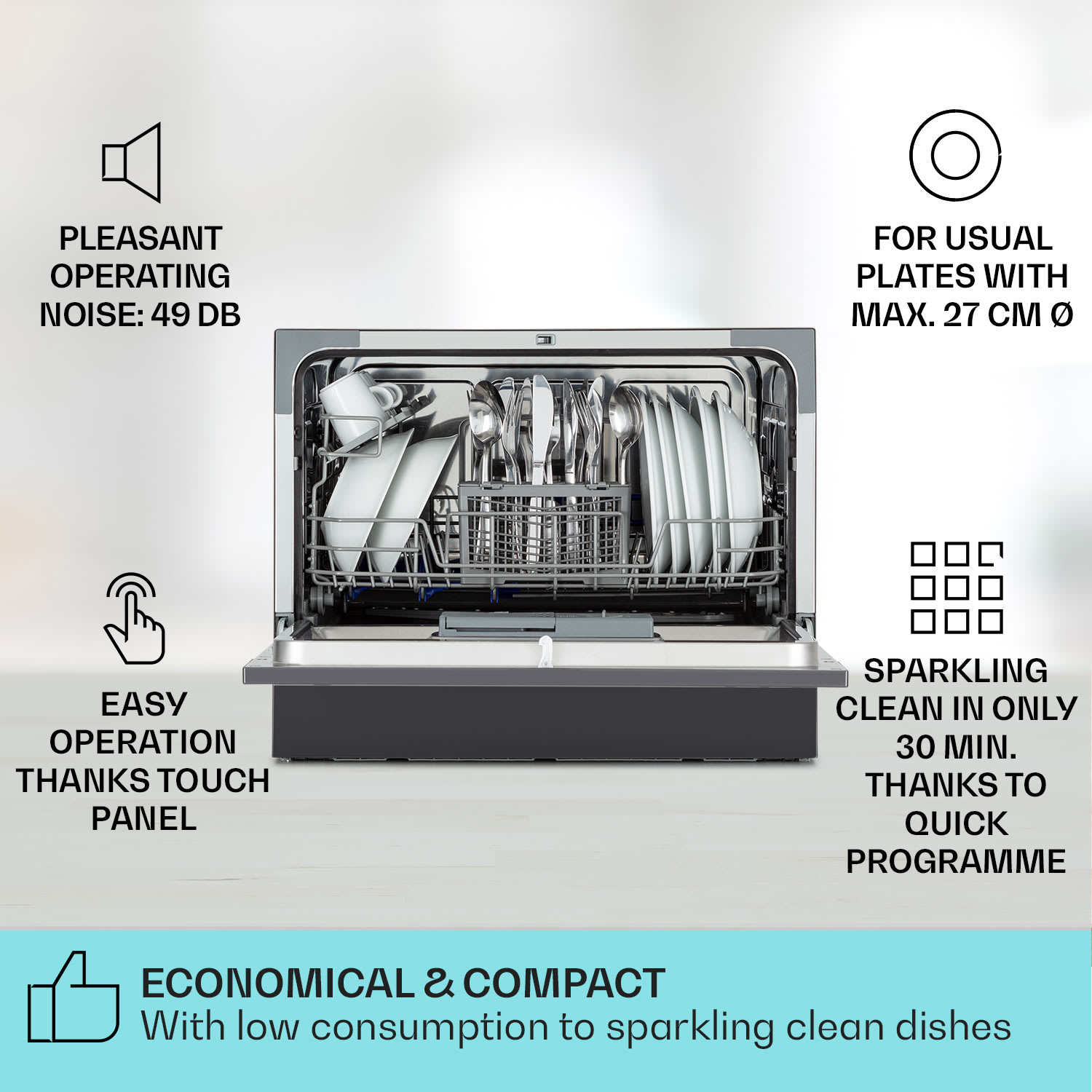 Amazonia 6, mosogatógép, 1300 W, 6 teríték, F energiahatékonysági osztály, 49 dB, nyomógombos vezérlés Antracit