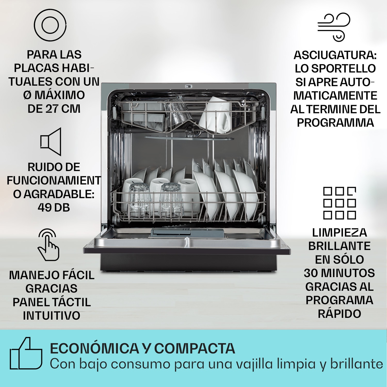 Amazonia 8 Lavavajillas 1620 W para 8 servicios 49 dB Aquastop Antracita