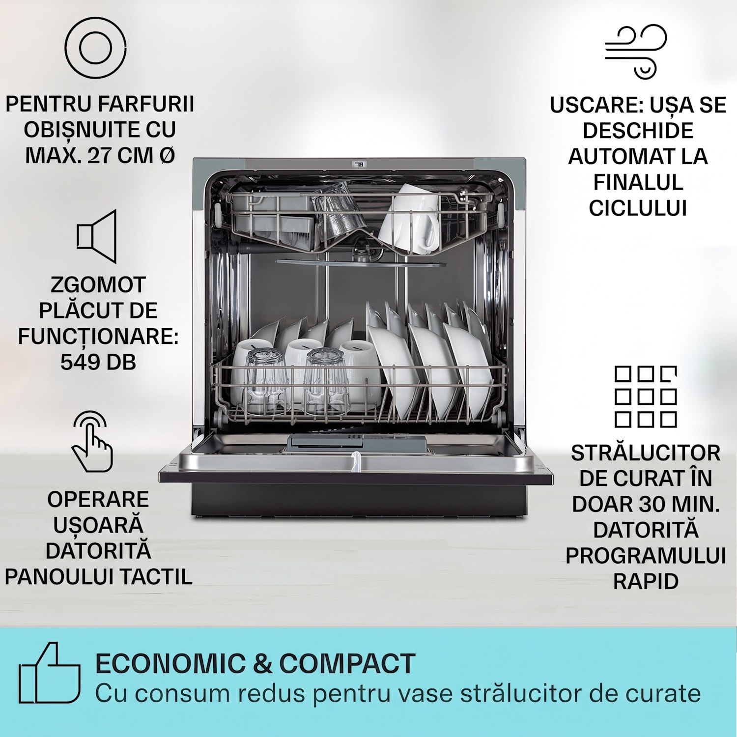 Amazonia 8, mașină de spălat vase, 1620 Watt, pentru 8 seturi tacâmuri, 49 dB Antracit