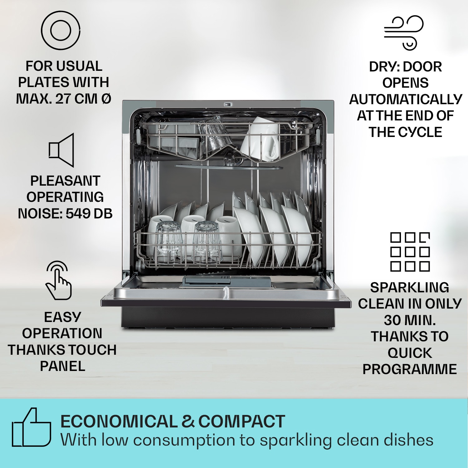 Amazonia 8, umývačka riadu, 1620 W, na 8 súprav riadu, energet. trieda F, 49 dB, aquastop Antracit