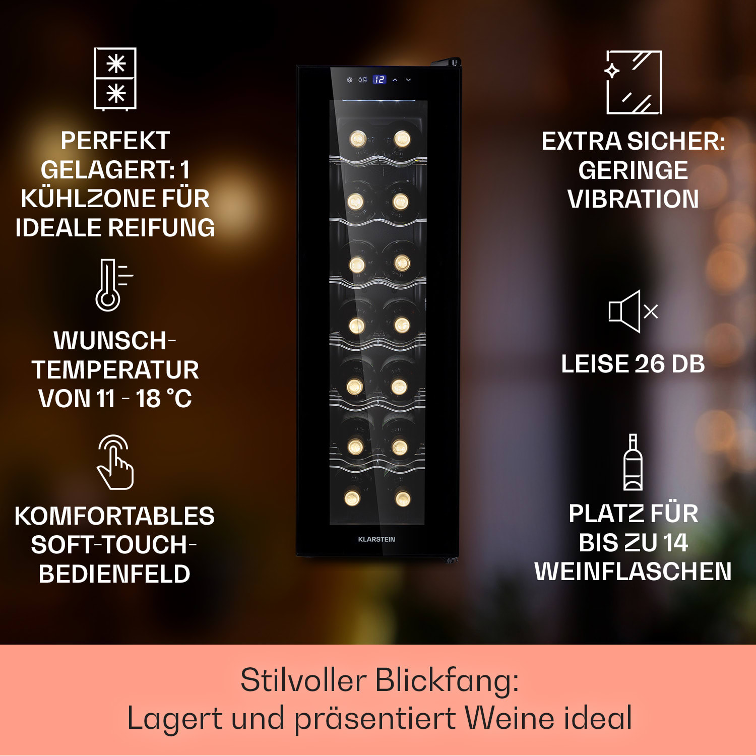 Barolo 14 Slim Uno Weinkühlschrank 46 Ltr 14 Flaschen 11-18°C SingleZone 1 Kühlzone | 14 Flaschen