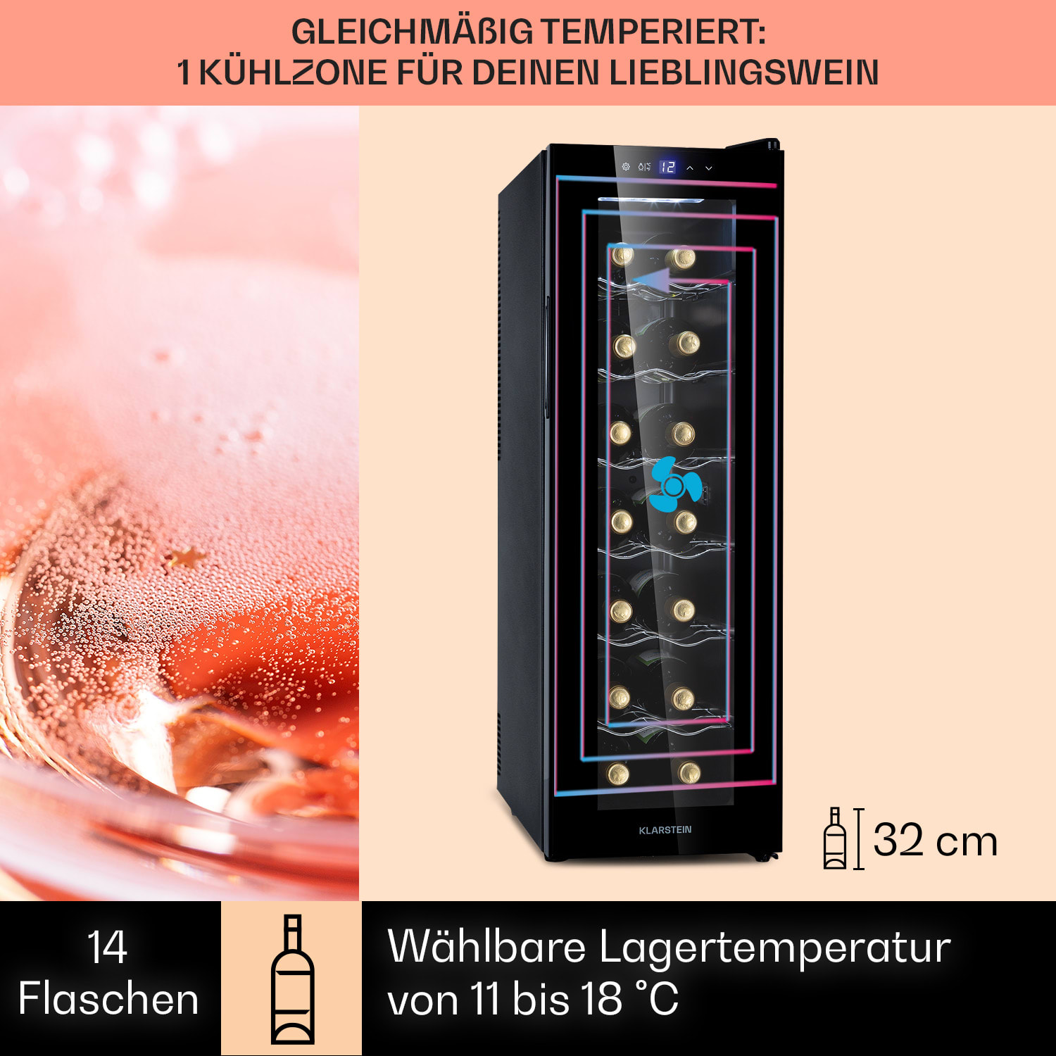 Barolo 14 Slim Uno Weinkühlschrank 46 Ltr 14 Flaschen 11-18°C SingleZone 1 Kühlzone | 14 Flaschen