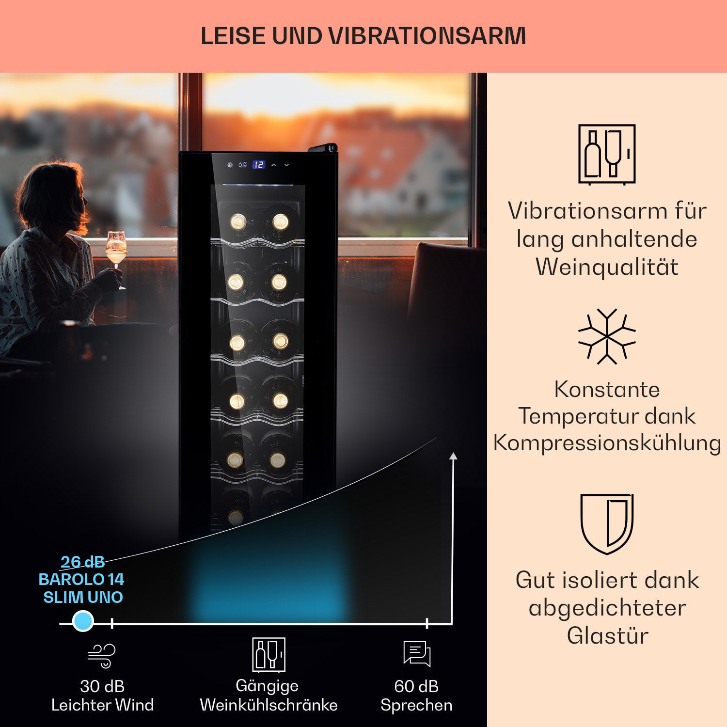 Barolo 14 Slim Uno Weinkühlschrank 46 Ltr 14 Flaschen 11-18°C SingleZone 1 Kühlzone | 14 Flaschen