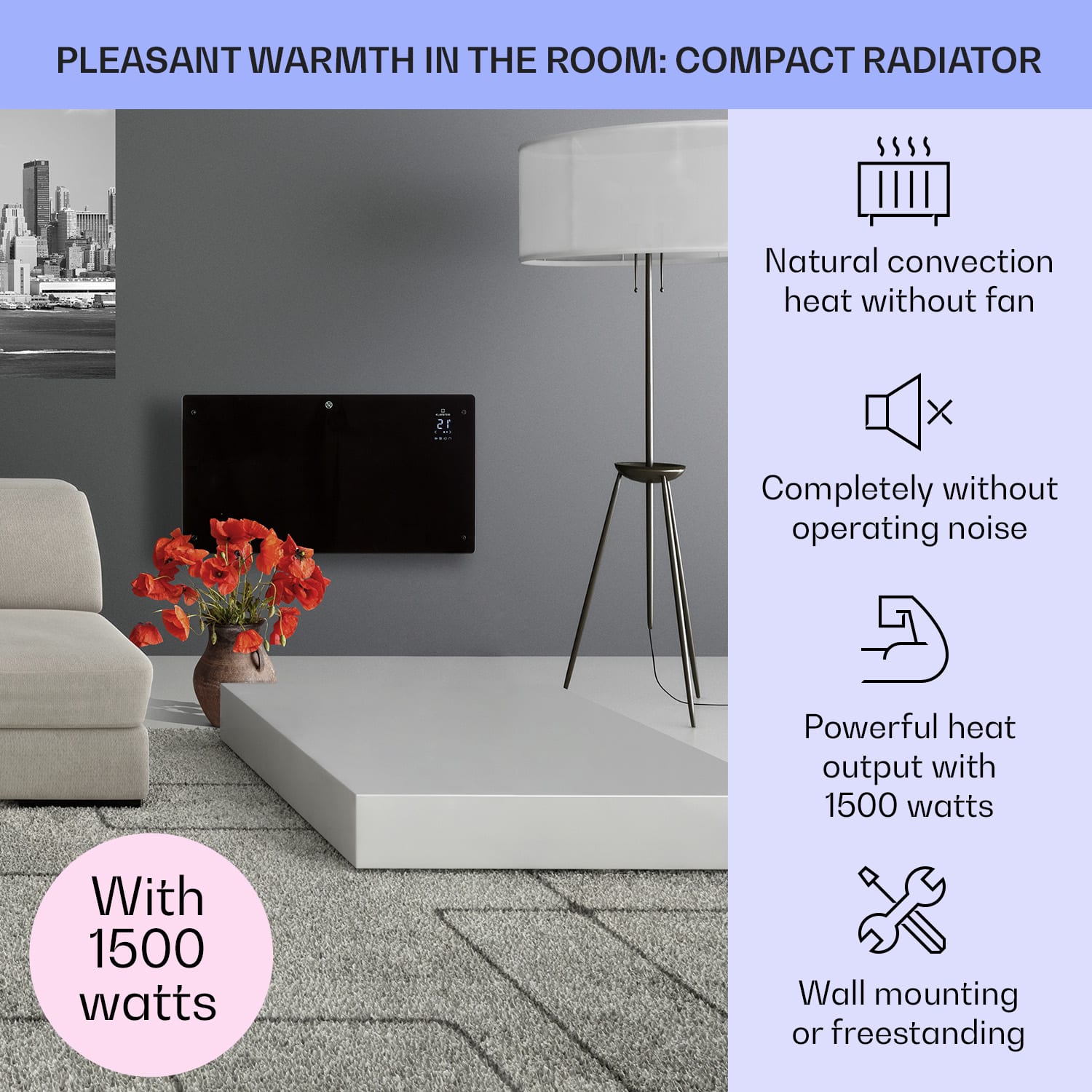 Aquecedor de convecção Bansin Crystal Smart 1500W 5 - 50 °C Controlo por App 1500 W | Preto