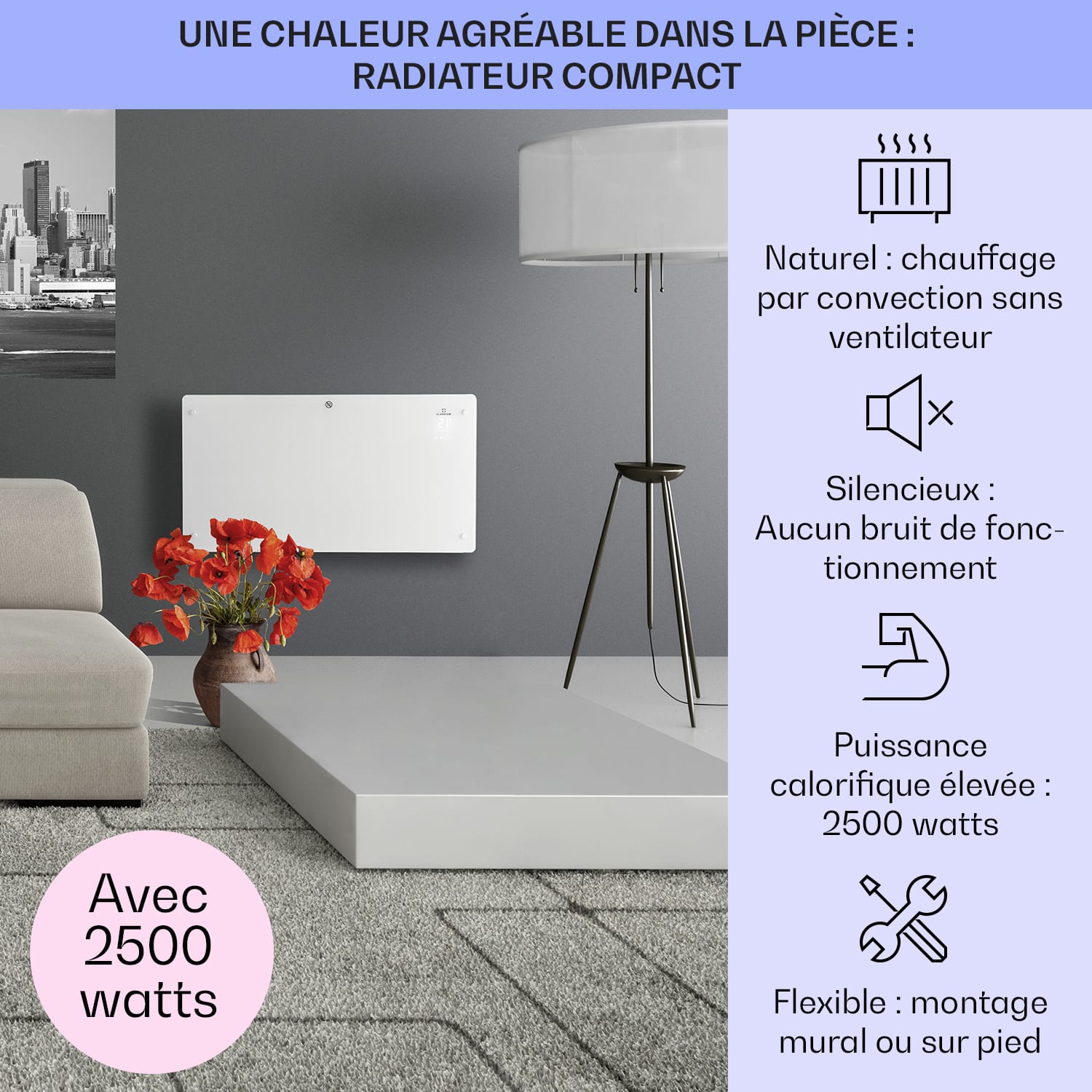 Bansin Crystal Smart radiateur à convection 2500 W 5 - 50 °C contrôle par application 2500 W | Blanc