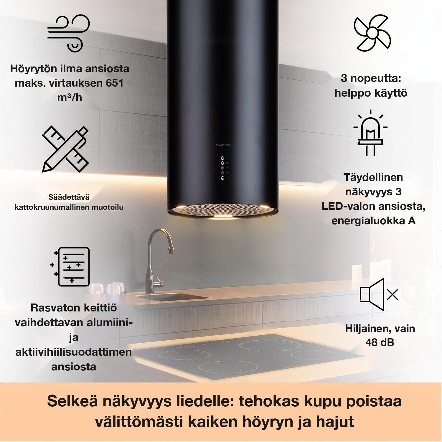 Bolea saarekeliesituuletin Ø 90 cm ilmanpoisto/-kierto 651 m³/h LED sis. aktiivihiilisuodattimet Musta