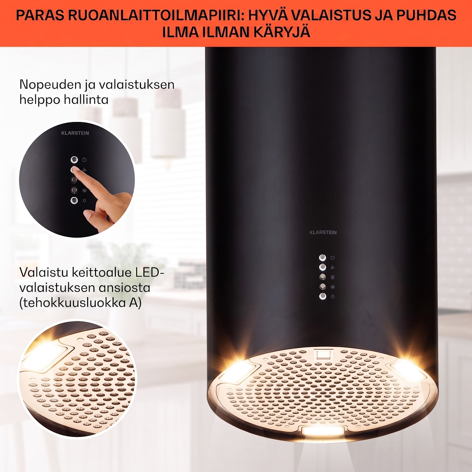 Bolea saarekeliesituuletin Ø 90 cm ilmanpoisto/-kierto 651 m³/h LED sis. aktiivihiilisuodattimet Musta