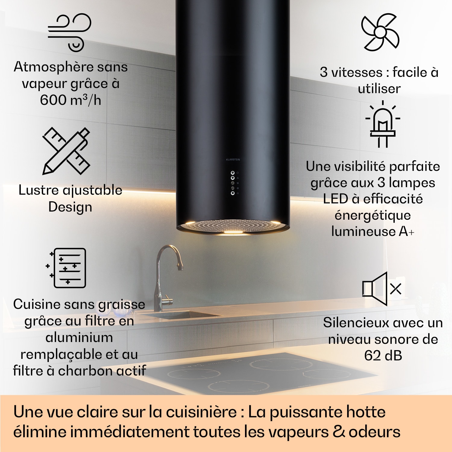 Bolea eiland afzuigkap Ø38cm afvoer/circulatie 600m³/h led incl. actief koolfilter Zwart