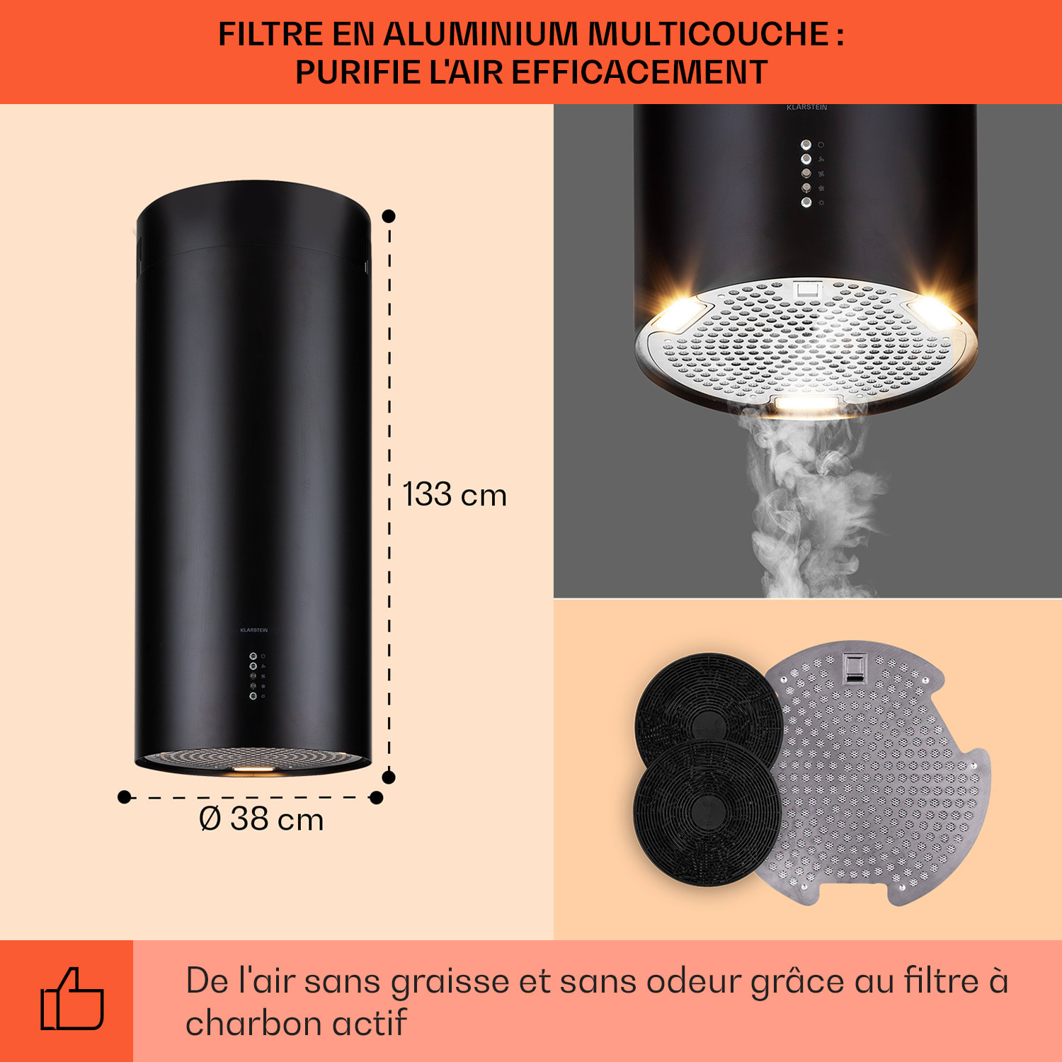 Bolea eiland afzuigkap Ø38cm afvoer/circulatie 600m³/h led incl. actief koolfilter Zwart