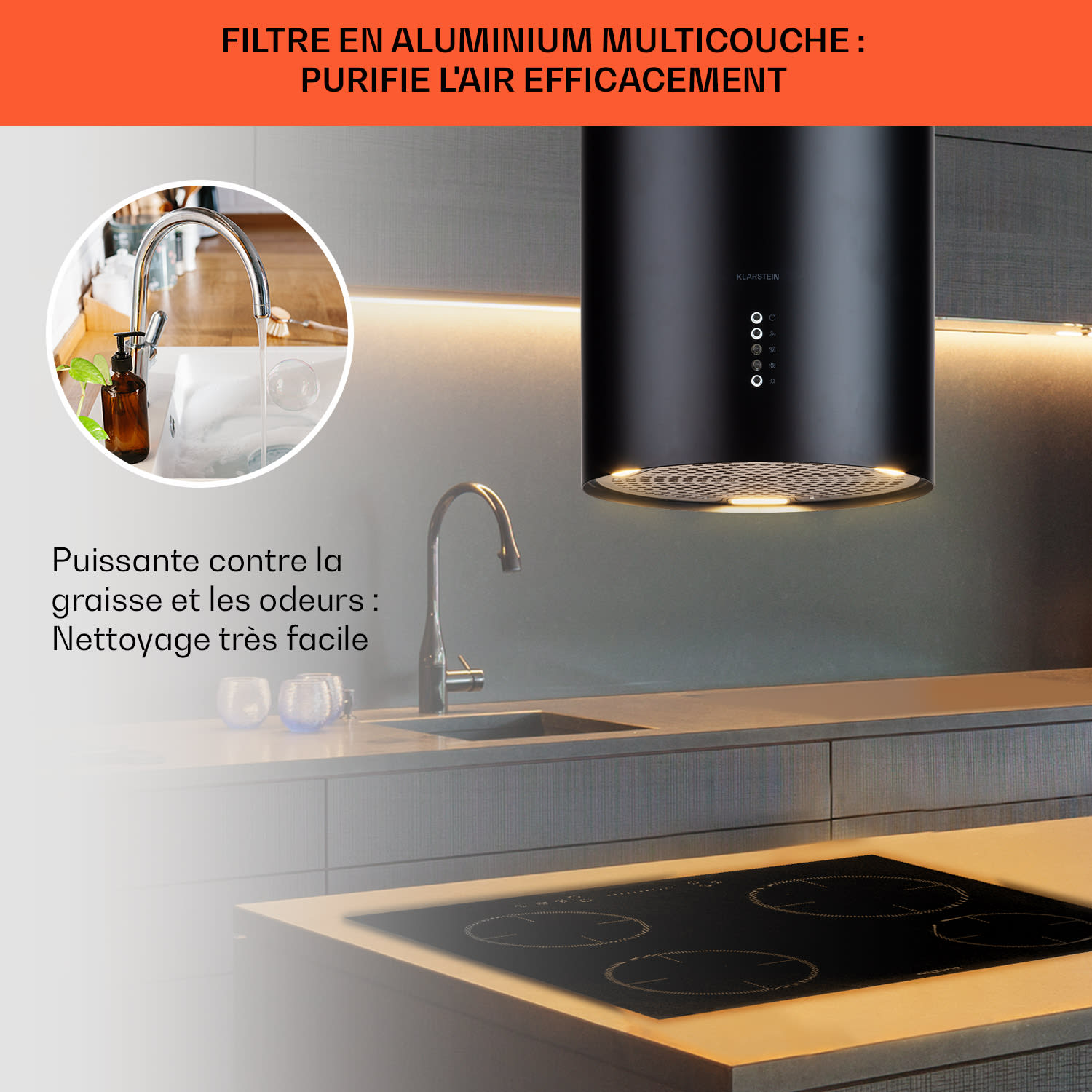 Bolea eiland afzuigkap Ø38cm afvoer/circulatie 600m³/h led incl. actief koolfilter Zwart