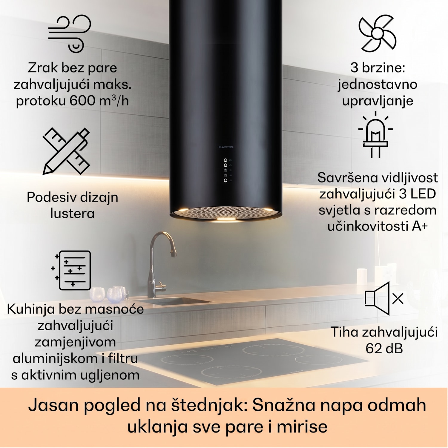 Bolea, otočna napa, Ø38cm, recirkulacija/odvod zraka, 651m³/h, LED, uključujući filtere s aktivnim ugljenom Crna