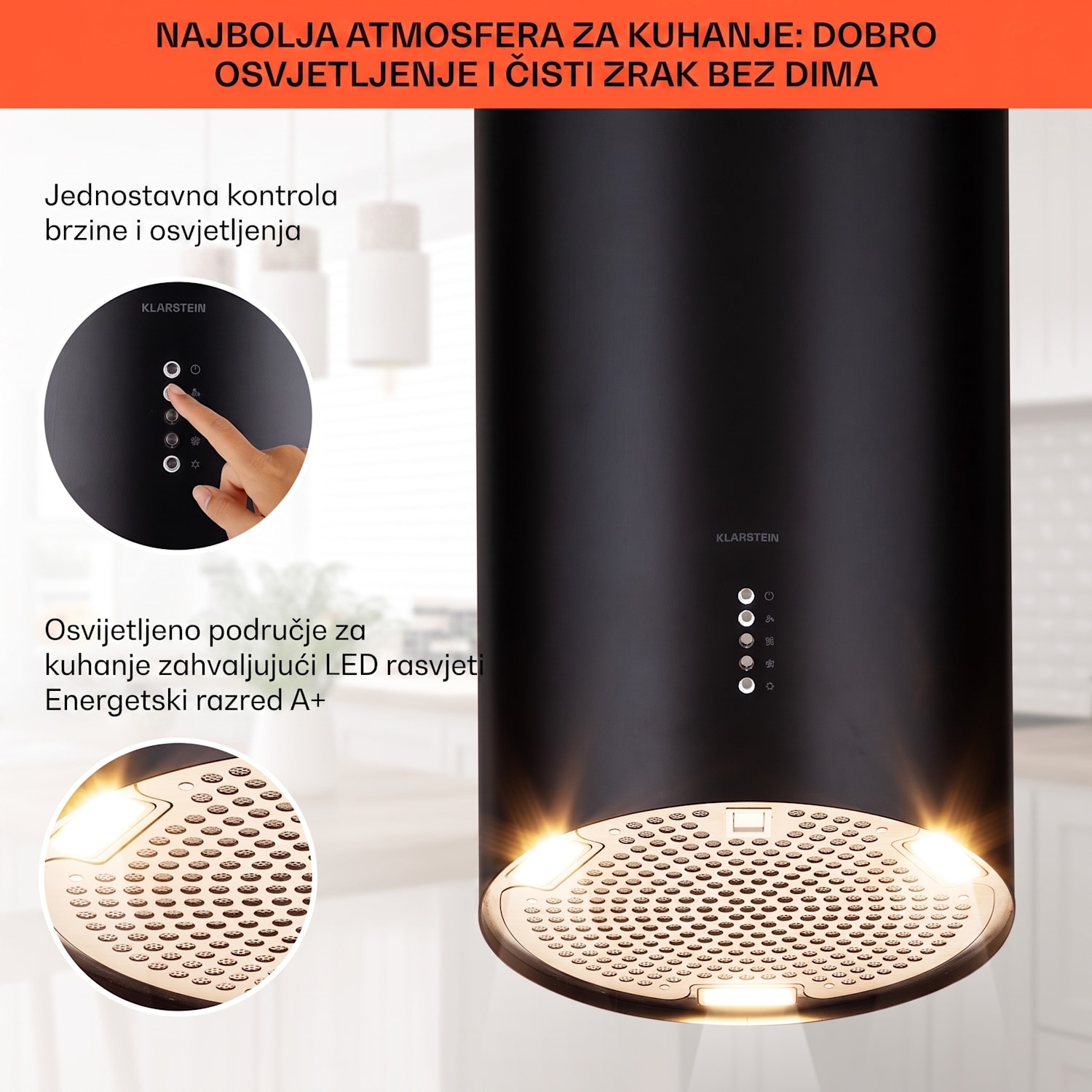 Bolea, otočna napa, Ø38cm, recirkulacija/odvod zraka, 651m³/h, LED, uključujući filtere s aktivnim ugljenom Crna
