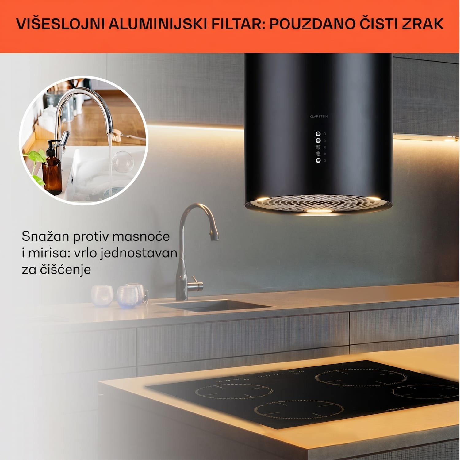 Bolea, otočna napa, Ø38cm, recirkulacija/odvod zraka, 651m³/h, LED, uključujući filtere s aktivnim ugljenom Crna