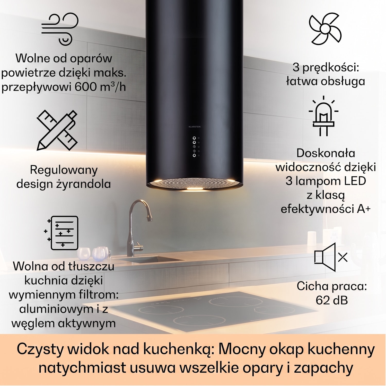 Bolea, okap kuchenny wyspowy, Ø 38 cm, wyciąg/pochłaniacz, 600 m³/h, LED, filtr węglowy Czarny