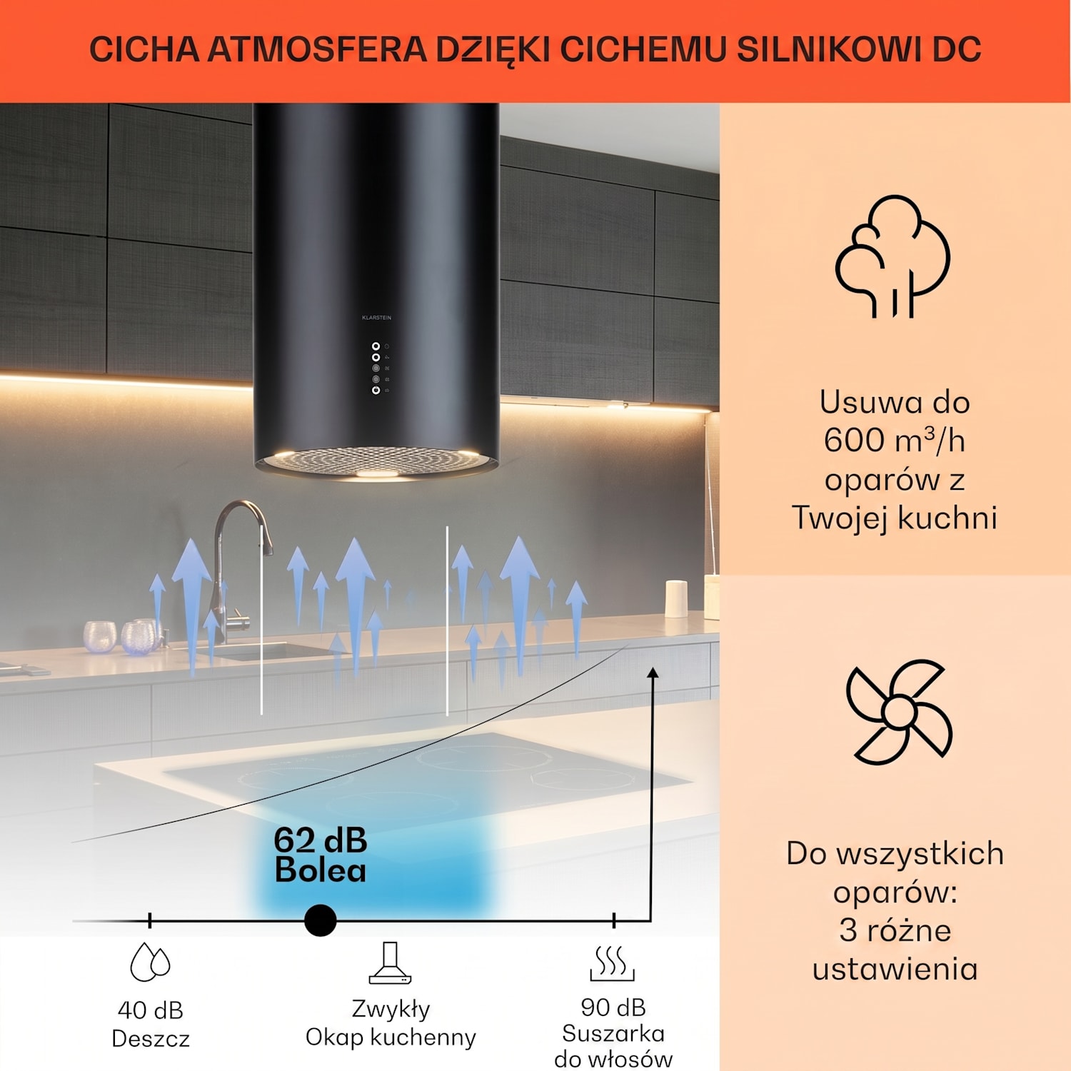 Bolea, okap kuchenny wyspowy, Ø 38 cm, wyciąg/pochłaniacz, 600 m³/h, LED, filtr węglowy Czarny