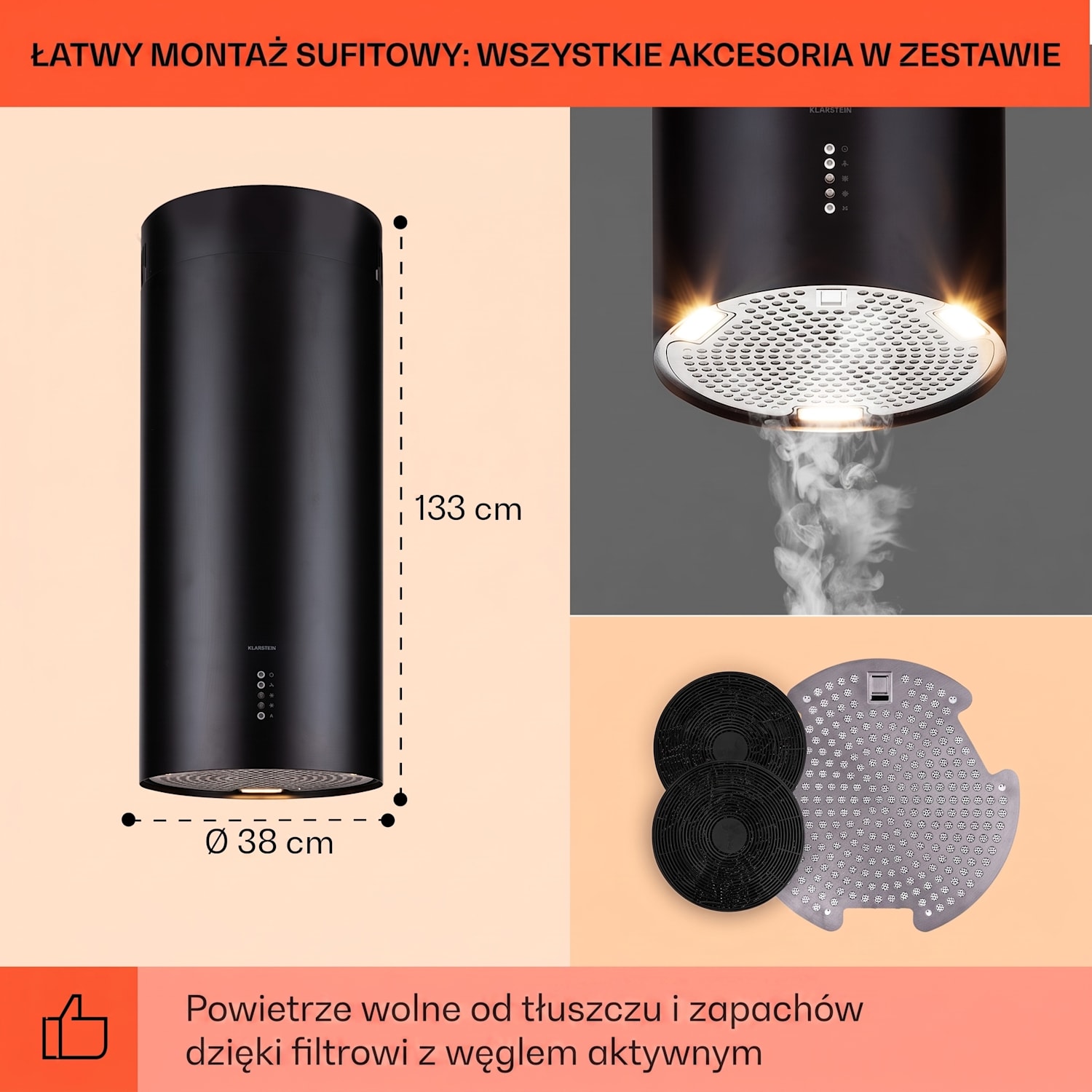 Bolea, okap kuchenny wyspowy, Ø 38 cm, wyciąg/pochłaniacz, 600 m³/h, LED, filtr węglowy Czarny
