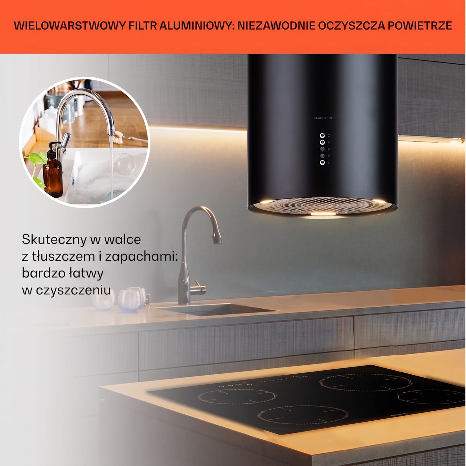 Bolea, okap kuchenny wyspowy, Ø 38 cm, wyciąg/pochłaniacz, 600 m³/h, LED, filtr węglowy Czarny