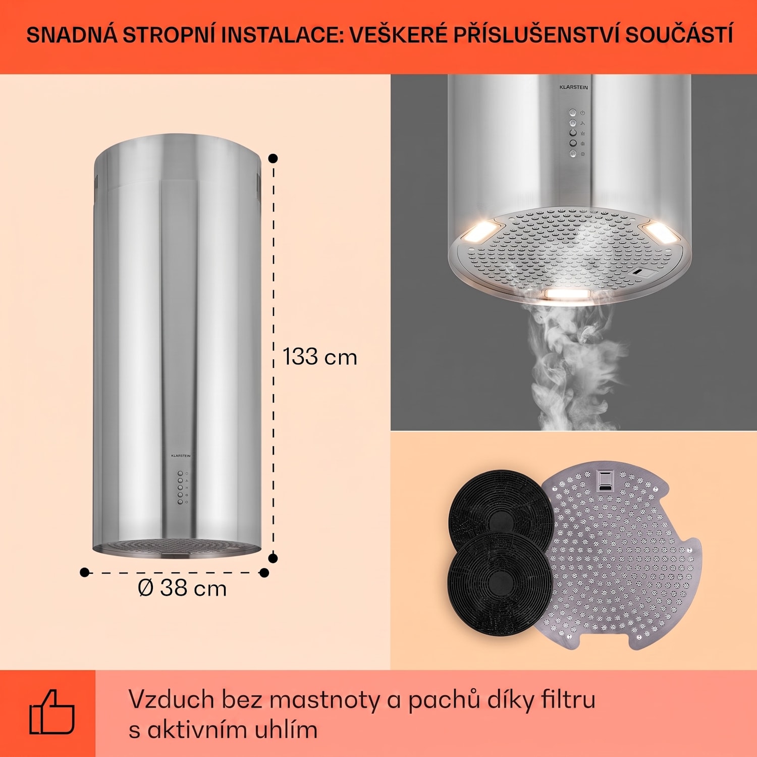 Bolea, digestoř, 38 cm, ostrůvková, 651 m³/h, LED, filtry s aktivním uhlím, nerezová ocel Nerezová ocel