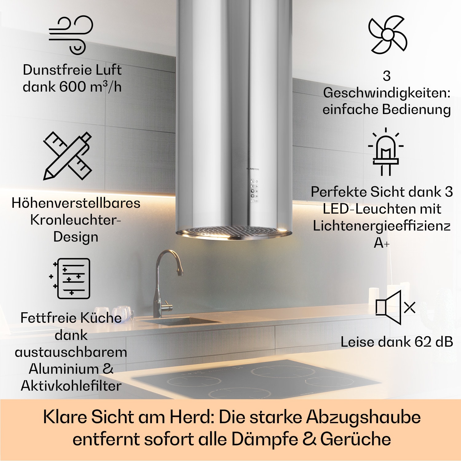 Bolea Inselabzugshaube Ø38cm Ab-/Umluft 600m³/h LED inkl. Aktivkohlefilter Edelstahl