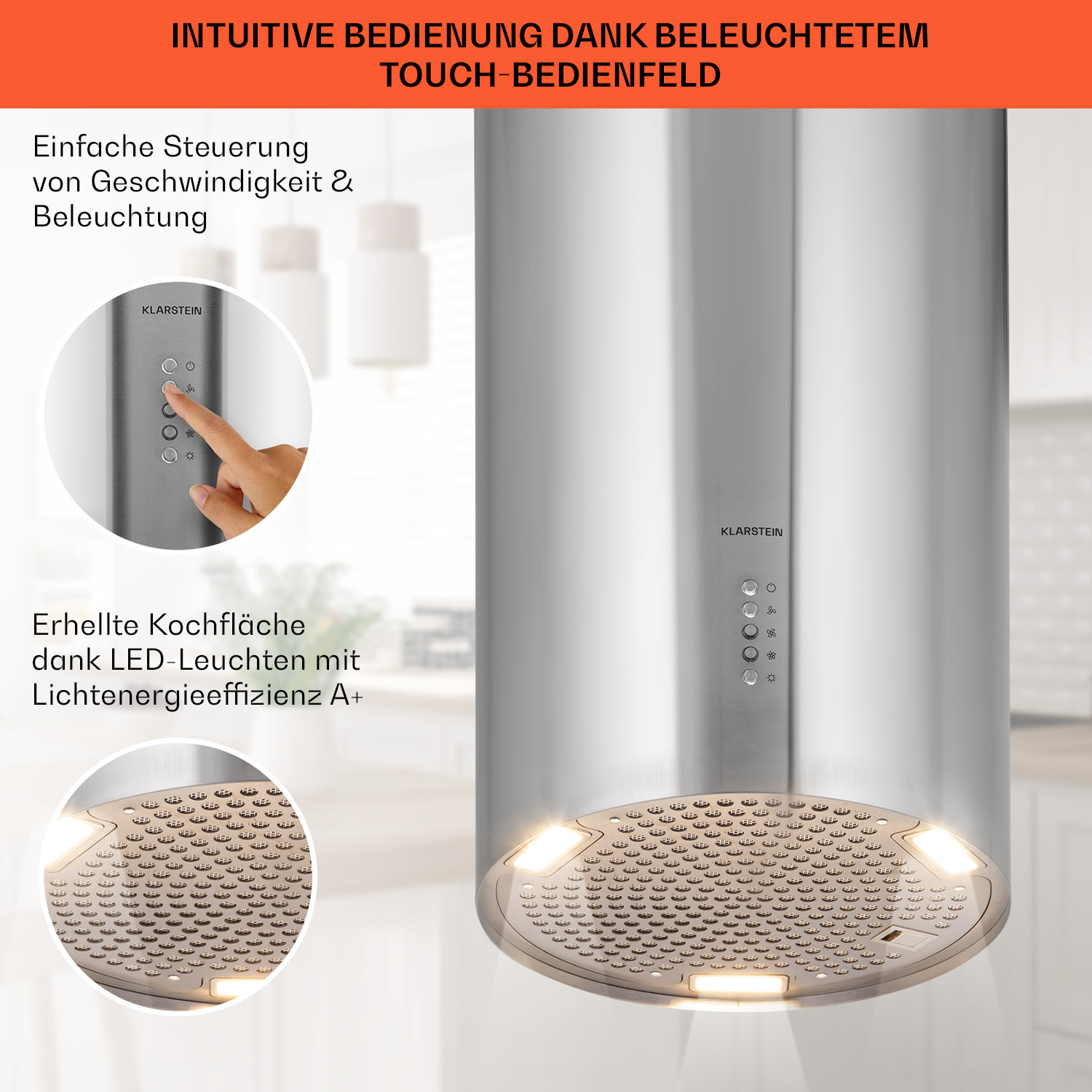 Bolea Inselabzugshaube Ø38cm Ab-/Umluft 600m³/h LED inkl. Aktivkohlefilter Edelstahl