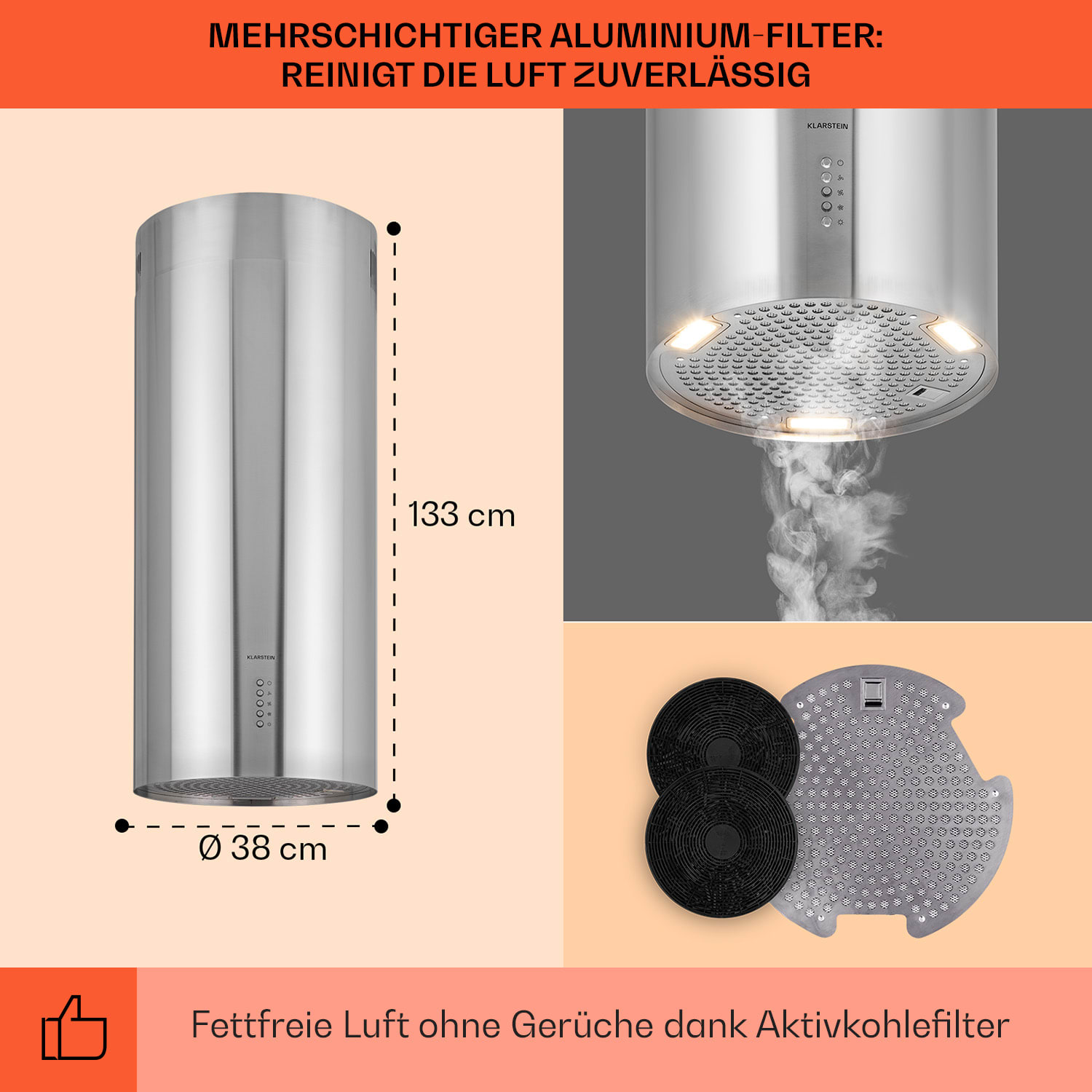 Bolea Inselabzugshaube Ø38cm Ab-/Umluft 600m³/h LED inkl. Aktivkohlefilter Edelstahl