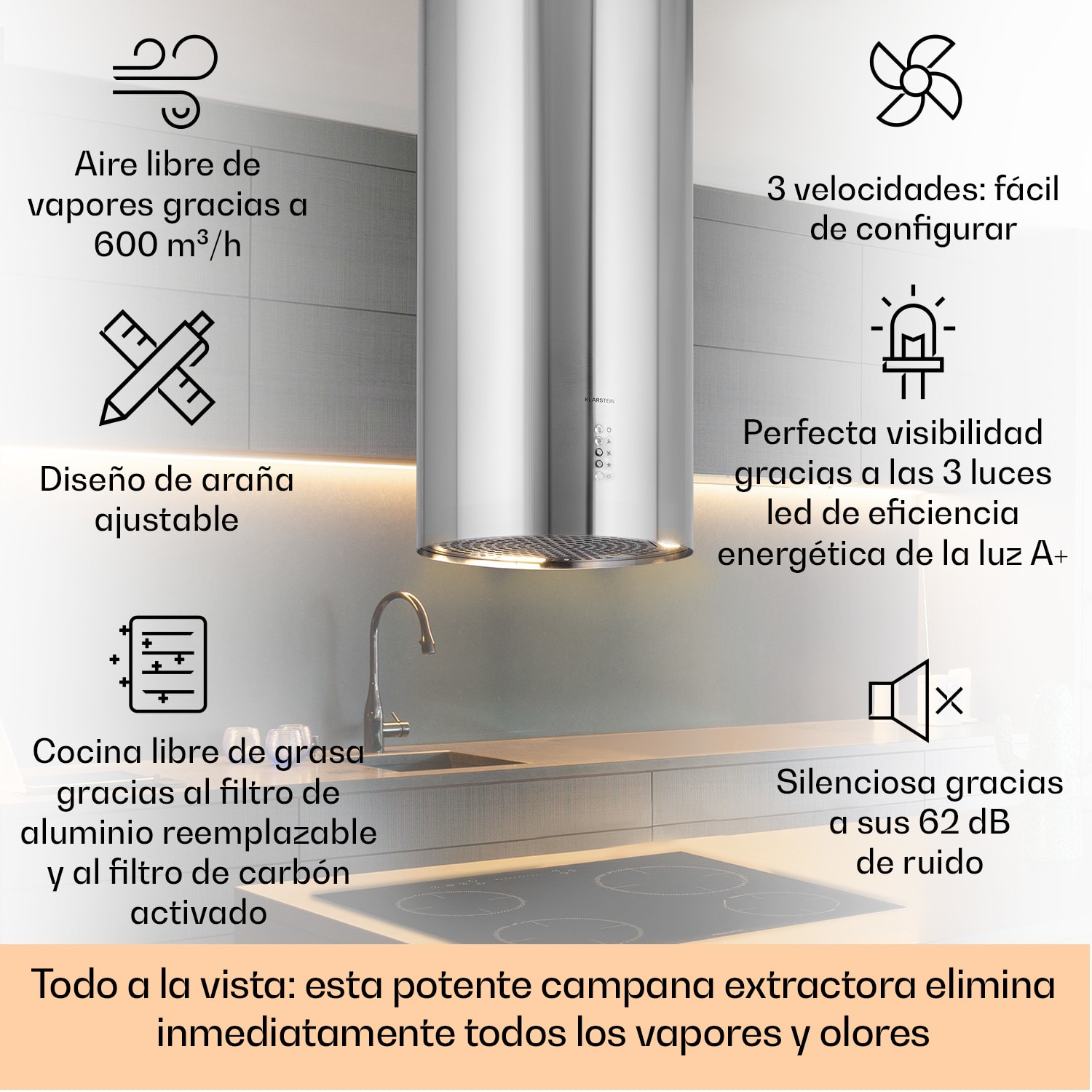 Campana de isla Bolea Ø 38 cm escape/recirculación de aire 600 m³/h LED incl. filtro de carbón activado Acero Inoxidable