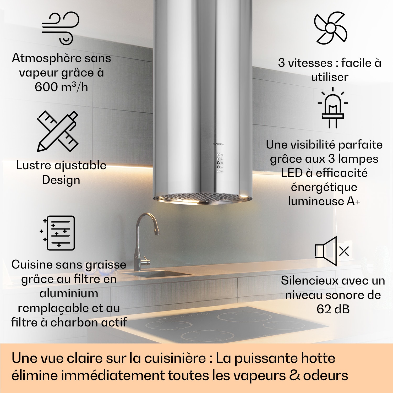 Bolea Hotte aspirante d'îlot Ø38 cm évacuation/circulation d'air 600 m³/h LED avec filtre à charbon actif 