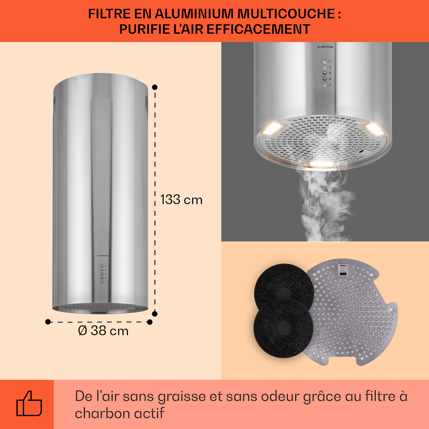 Bolea Hotte aspirante d'îlot Ø38 cm évacuation/circulation d'air 600 m³/h LED avec filtre à charbon actif 