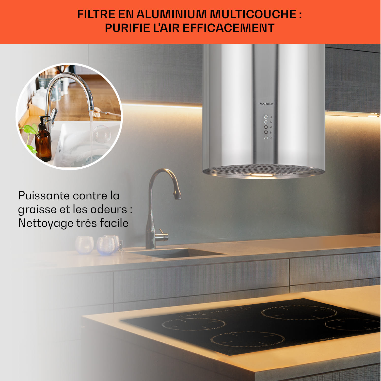 Bolea Hotte aspirante d'îlot Ø38 cm évacuation/circulation d'air 600 m³/h LED avec filtre à charbon actif 