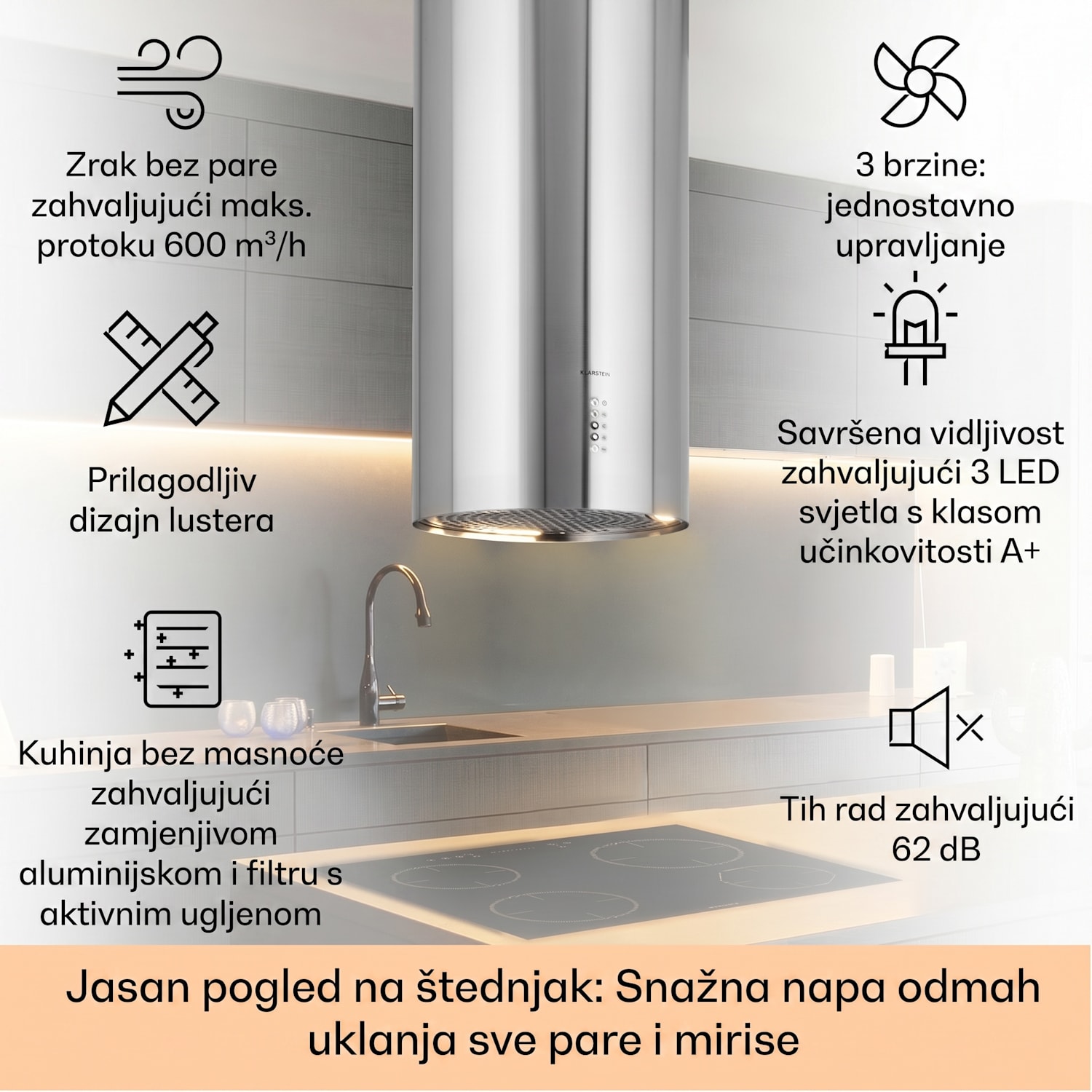 Bolea, otočna napa, Ø38cm, recirkulacija/odvod zraka, 651m³/h, LED, uključujući filtere s aktivnim ugljenom Nehrđajući čelik