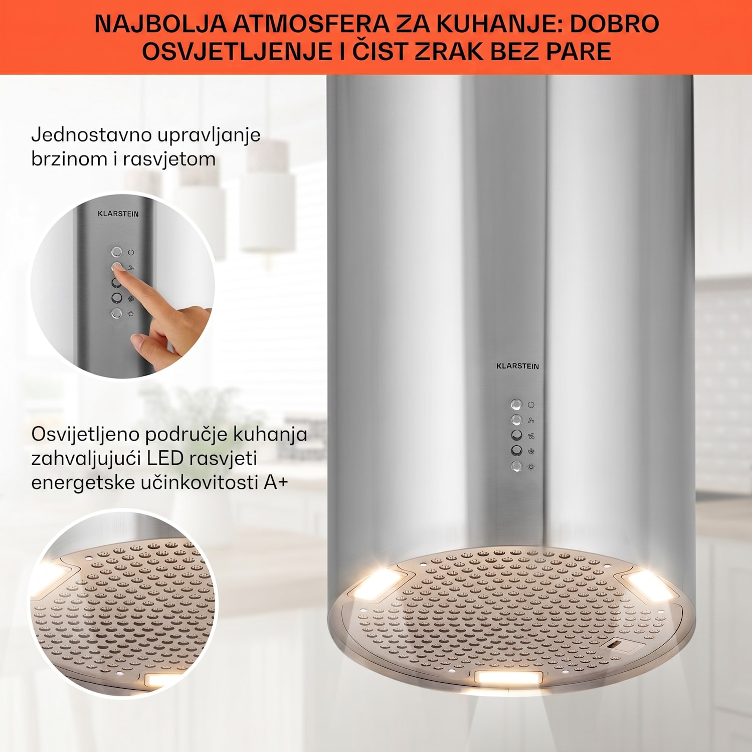 Bolea, otočna napa, Ø38cm, recirkulacija/odvod zraka, 651m³/h, LED, uključujući filtere s aktivnim ugljenom Nehrđajući čelik