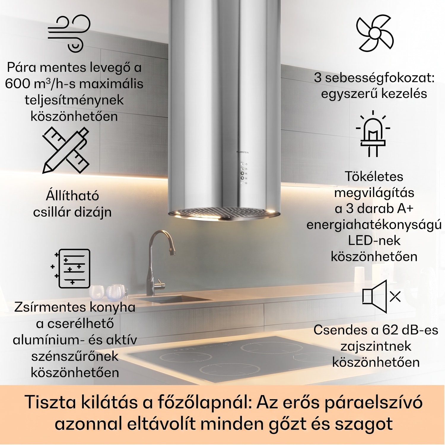 Bolea, sziget páraelszívó, Ø 38 cm, recirkulációs/elszívás üzemmód, 600 m³/ó, LED, aktívszén szűrőkkel Rozsdamentes acél
