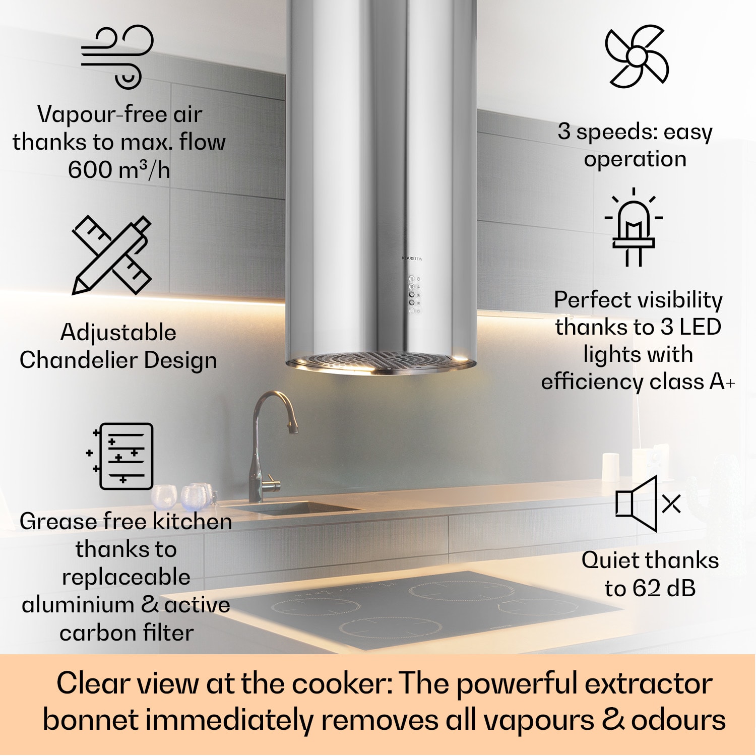 Bolea saarekeliesituuletin Ø 38 cm ilmanpoisto/-kierto 600 m³/h LED sis. aktiivihiilisuodattimet Ruostumaton Teräs
