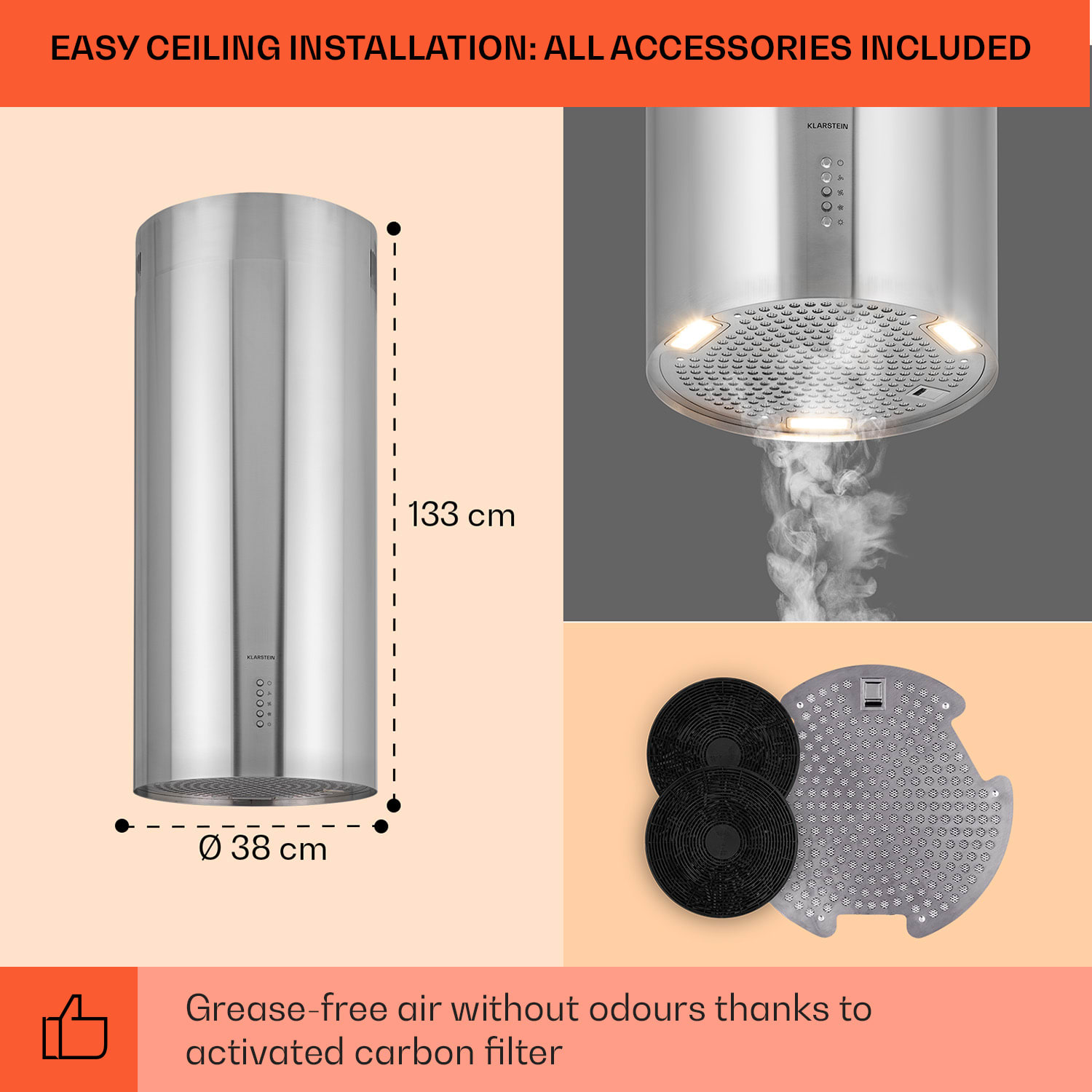 Bolea saarekeliesituuletin Ø 38 cm ilmanpoisto/-kierto 600 m³/h LED sis. aktiivihiilisuodattimet Ruostumaton Teräs