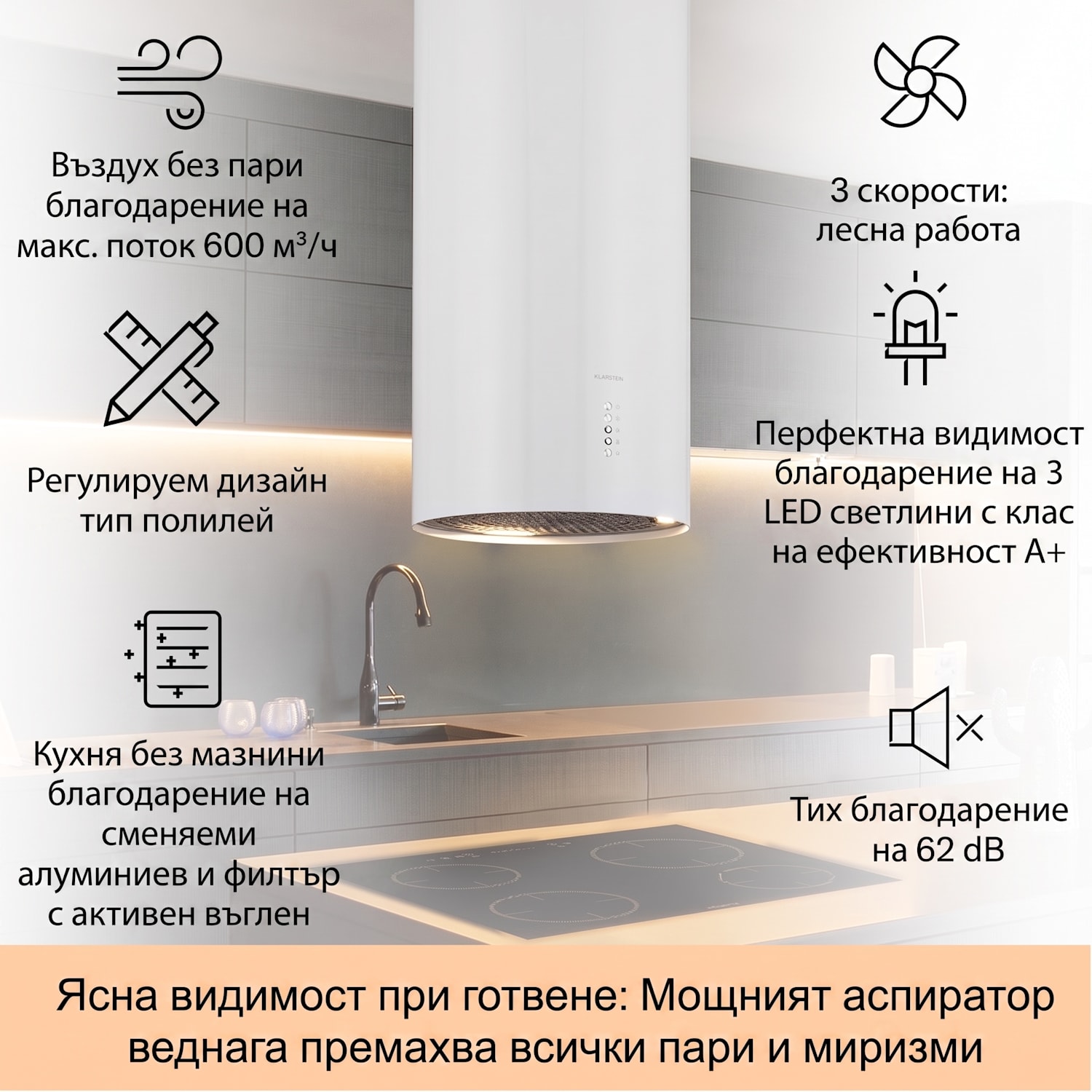 Bolea, островен абсорбатор, Ø38см, режим на рециркулация/ засмукване на въздух, 600м³/ч, включително филтри с активен въглен Бял
