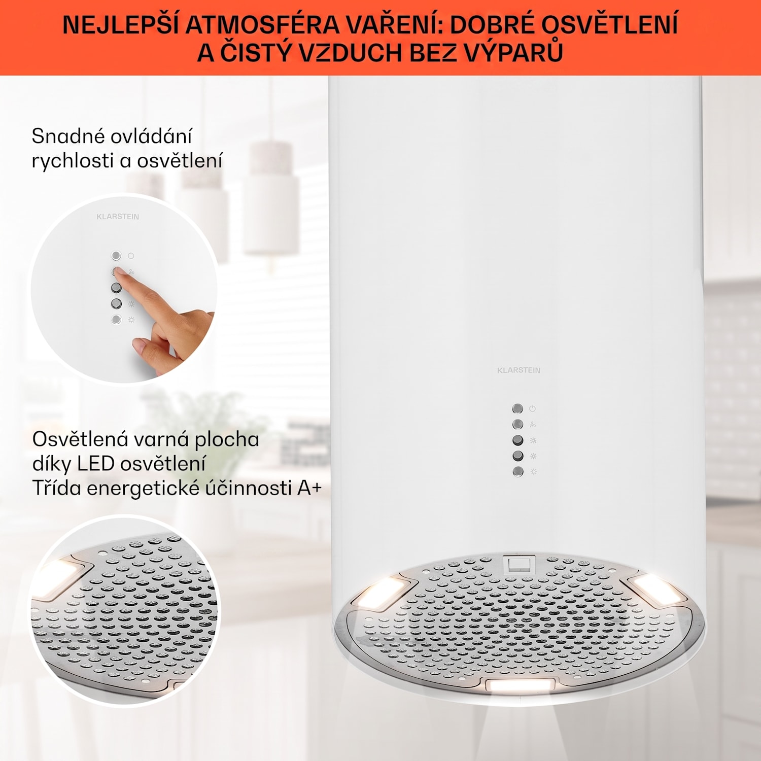 Bolea, digestoř, 38 cm, ostrůvková, 600 m³/h, LED, filtry s aktivním uhlím, nerezová ocel Bílá