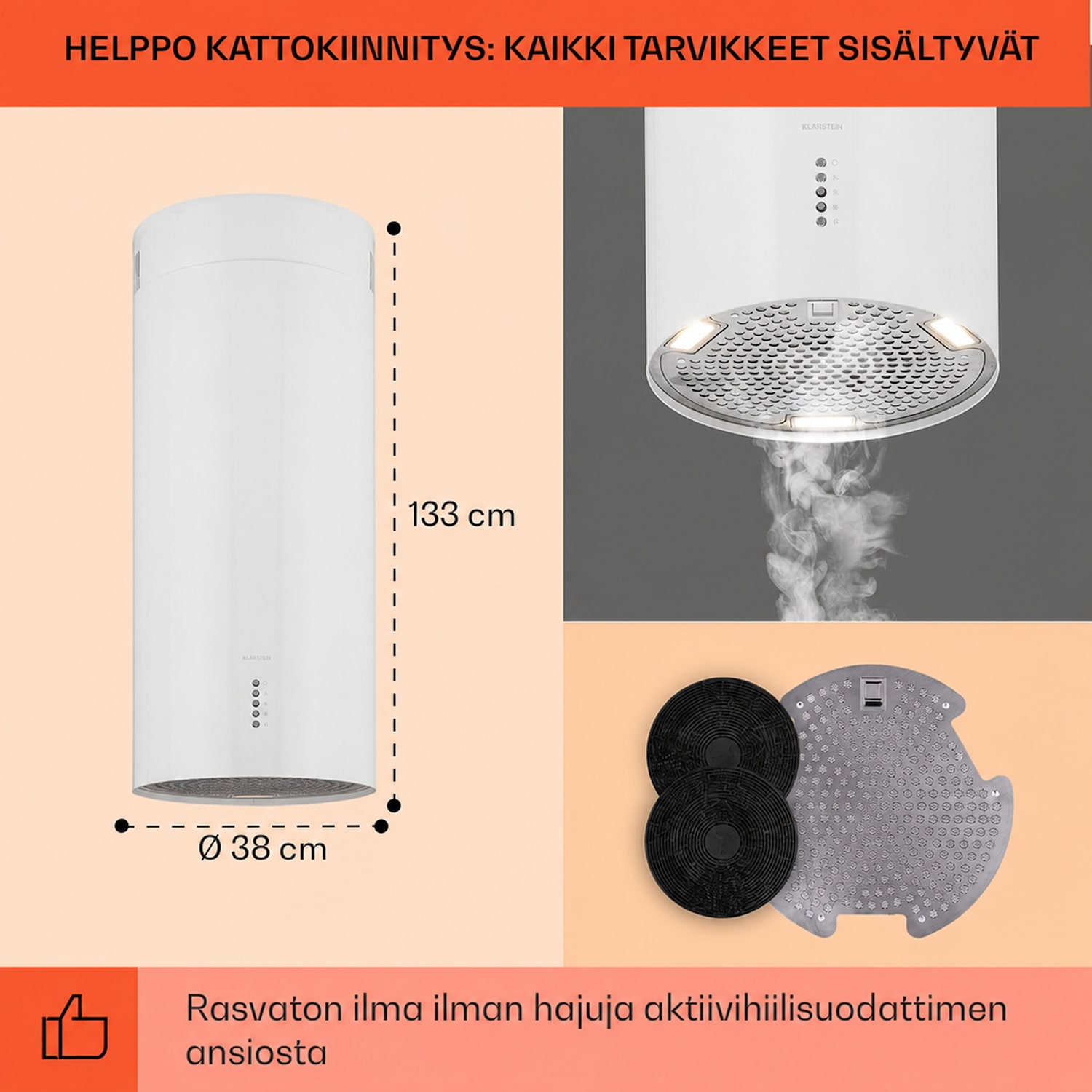 Bolea saarekeliesituuletin Ø 90 cm ilmanpoisto/-kierto 651 m³/h LED sis. aktiivihiilisuodattimet Valkoinen