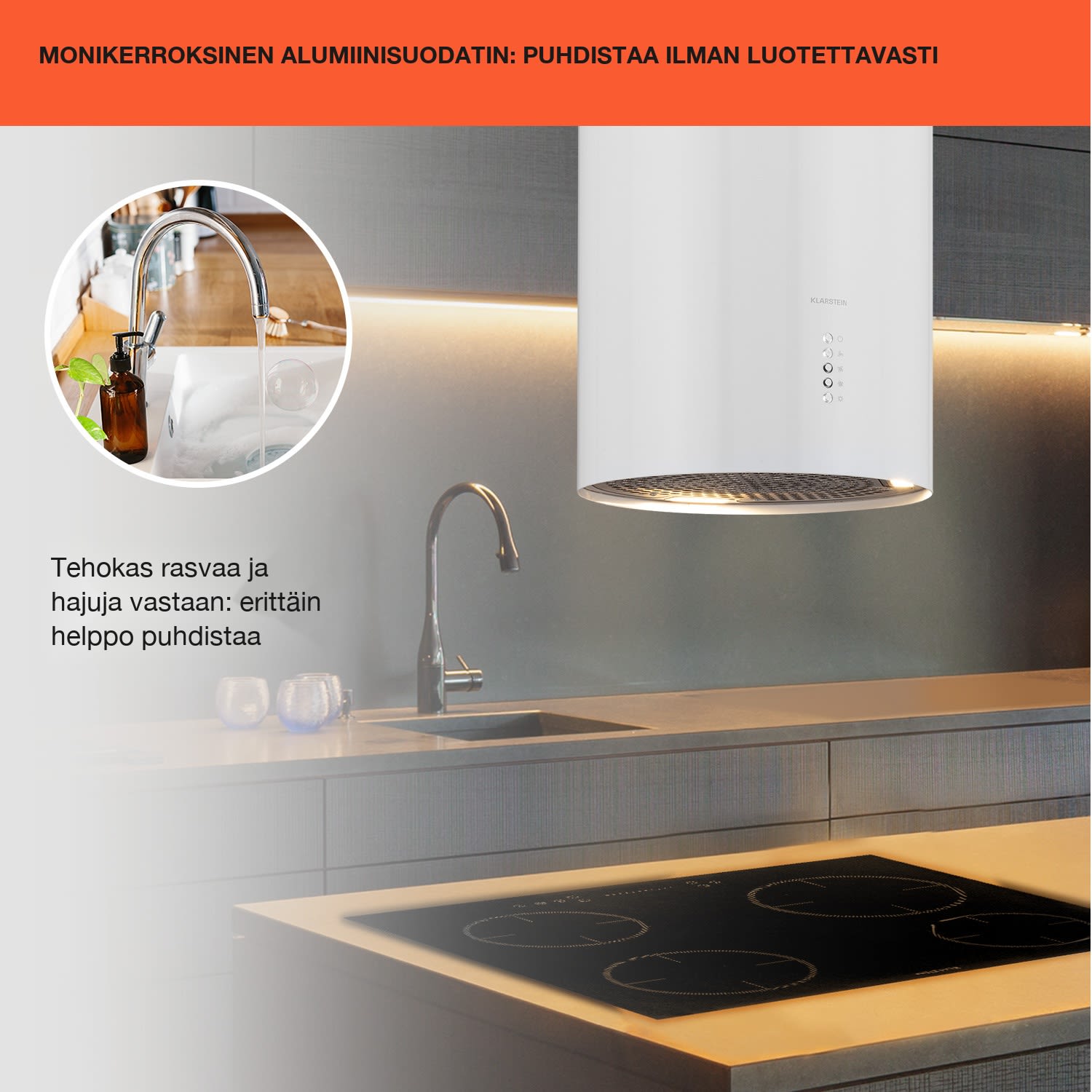 Bolea saarekeliesituuletin Ø 90 cm ilmanpoisto/-kierto 651 m³/h LED sis. aktiivihiilisuodattimet Valkoinen