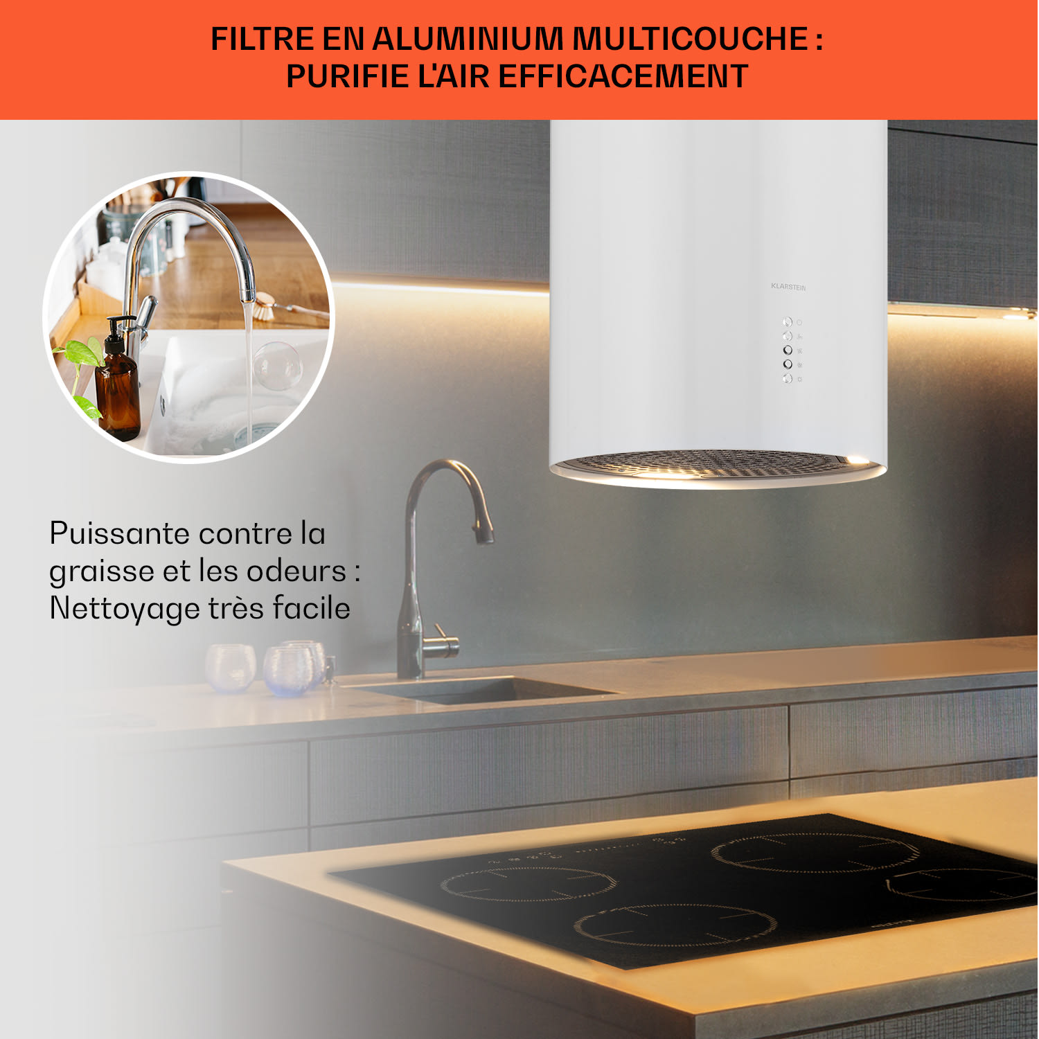 Bolea Hotte aspirante d'îlot Ø38 cm évacuation/circulation d'air 600 m³/h LED avec filtre à charbon actif Blanc