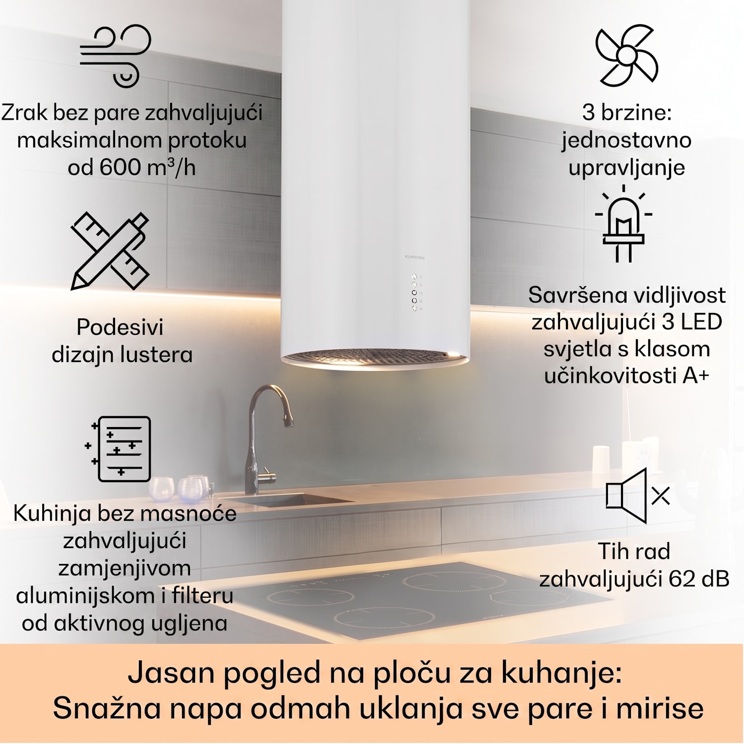 Bolea, otočna napa, Ø38cm, recirkulacija/odvod zraka, 600m³/h, LED, uključujući filtere s aktivnim ugljenom Bijela