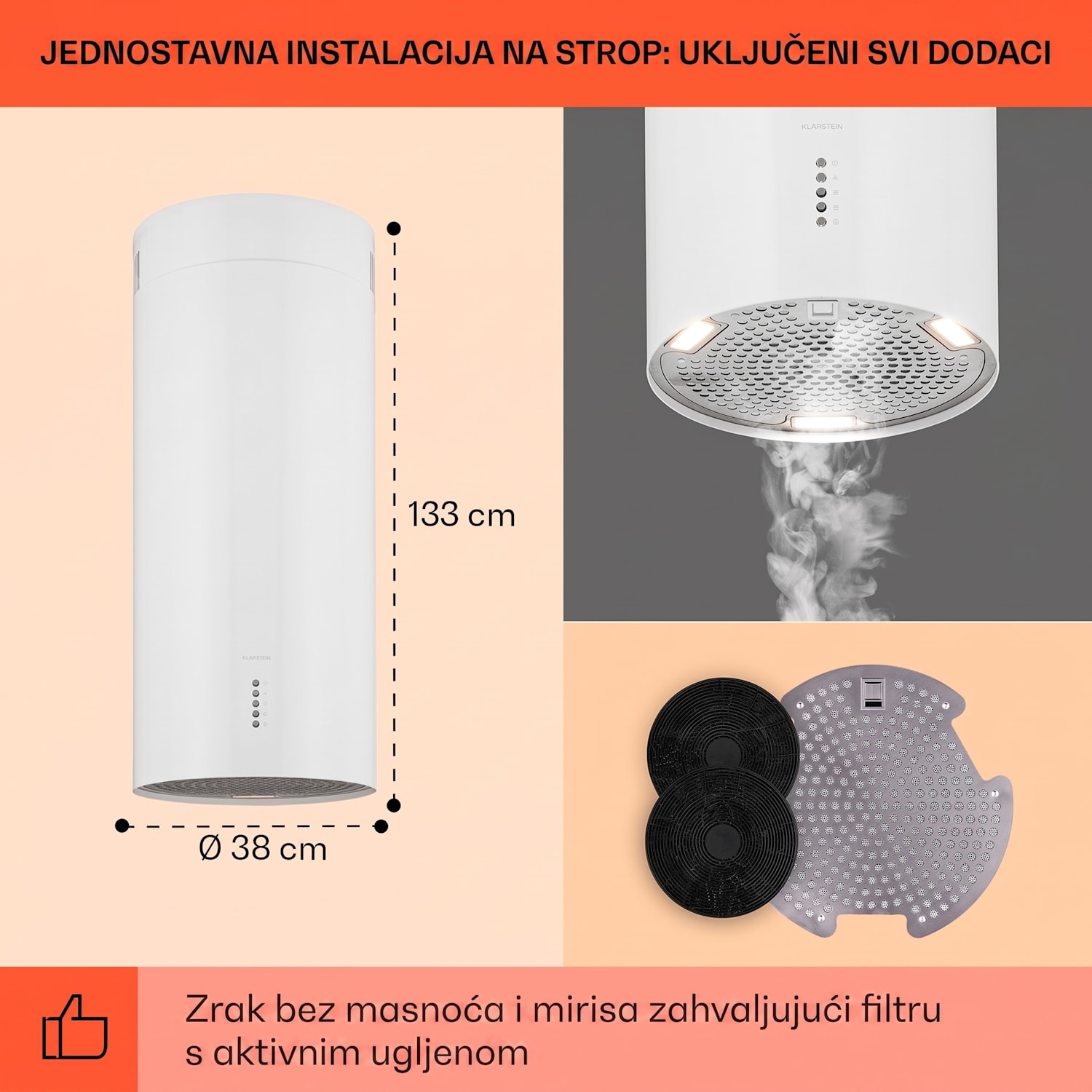 Bolea, otočna napa, Ø38cm, recirkulacija/odvod zraka, 600m³/h, LED, uključujući filtere s aktivnim ugljenom Bijela