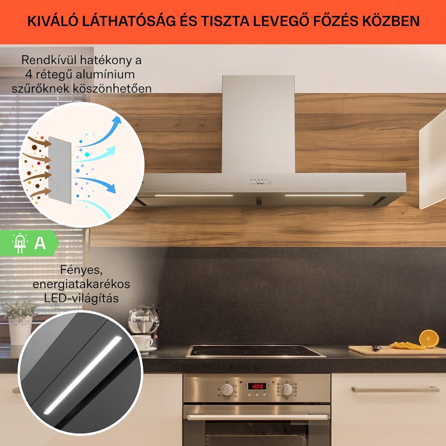 Limelight 120, páraelszívó, 120 cm, fali páraelszívó, 546,2 m³/ó, érintőképernyős 120 cm | Rozsdamentes acél